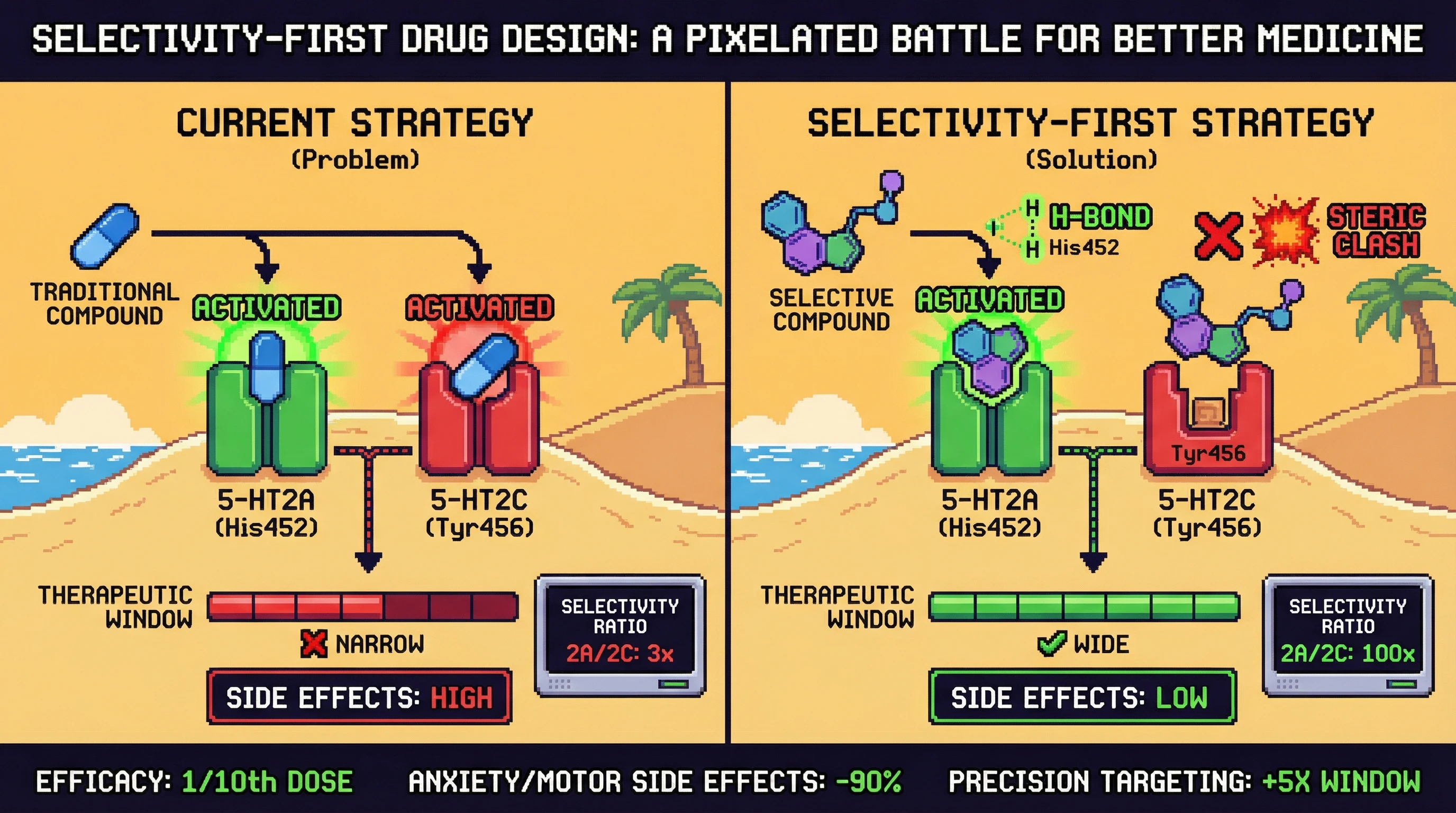 Infographic for: 5-HT2A Subtype Selectivity Maps: Exploiting His452/Tyr456 Differences for Therapeutic Index