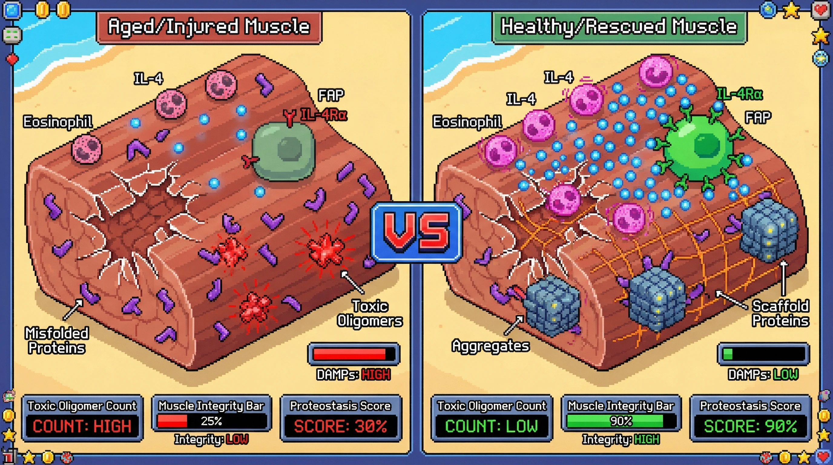 Infographic for: Eosinophil IL-4 signaling redirects fibro/adipogenic progenitors to sequester misfolded proteins into ordered aggregates as a protective step in muscle regeneration