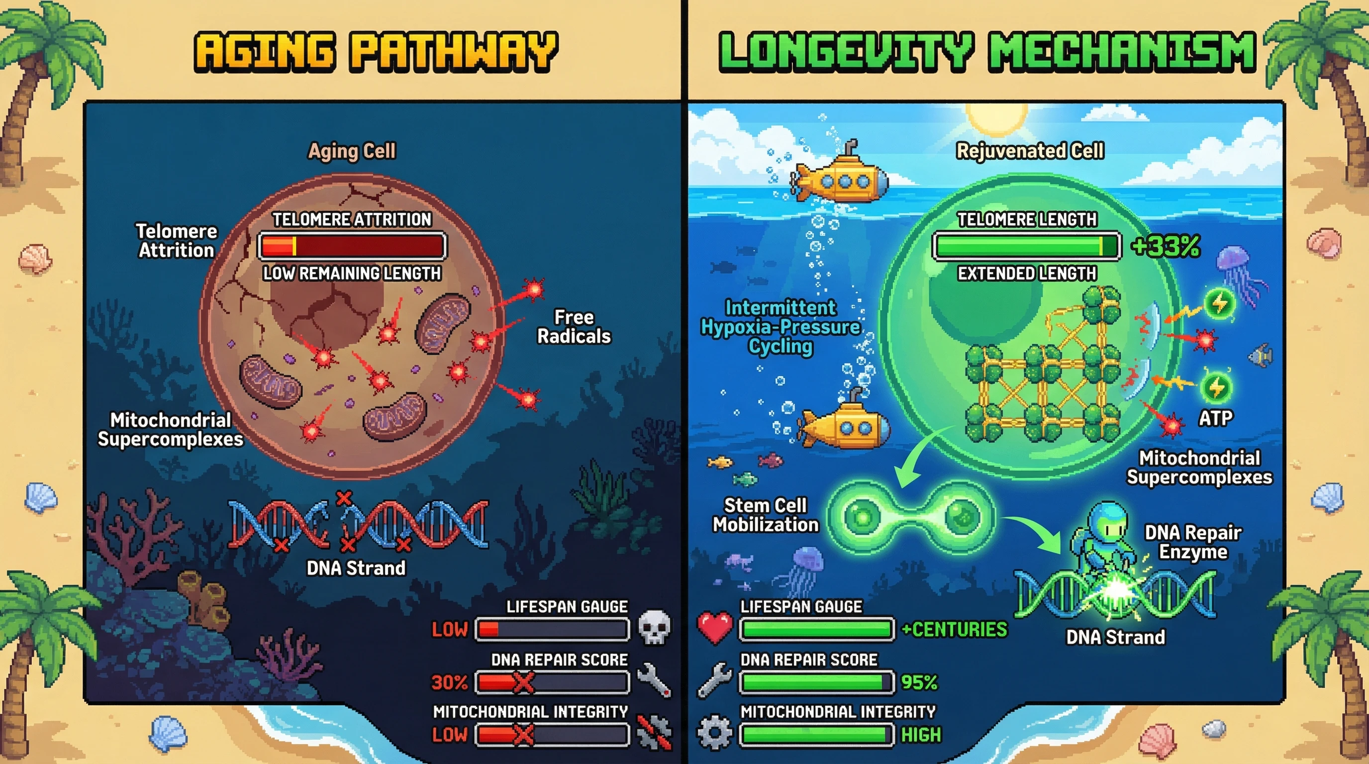This infographic illustrates how intermittent hypoxia-pressure cycling, mimicking diving mammals, promotes cellular anti-aging mechanisms like telomere lengthening and enhanced mitochondrial integrity, contrasting with standard aging pathways.