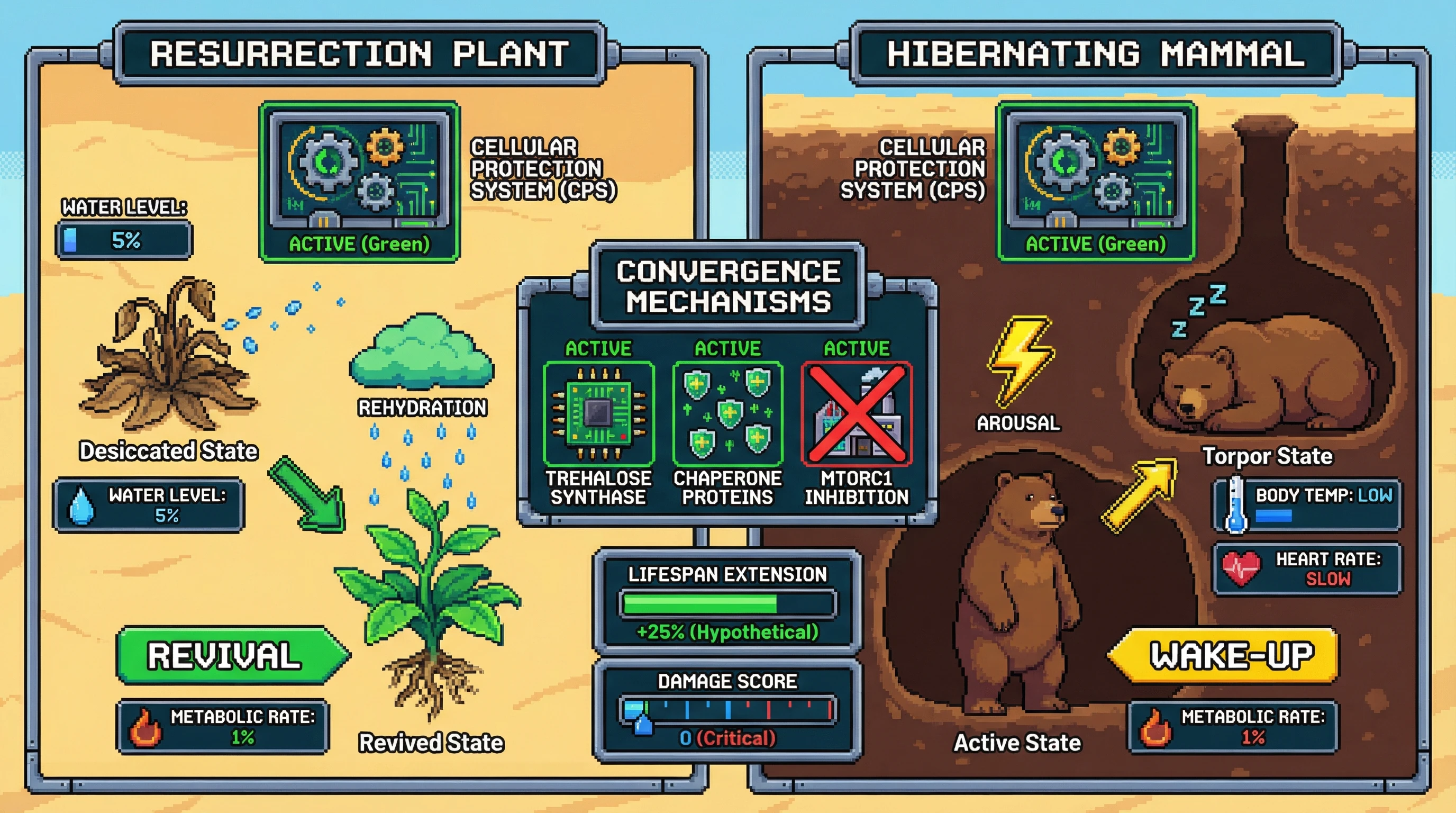 Infographic for: Resurrection plants and hibernating mammals converged on the same evolutionary strategy for cheating death