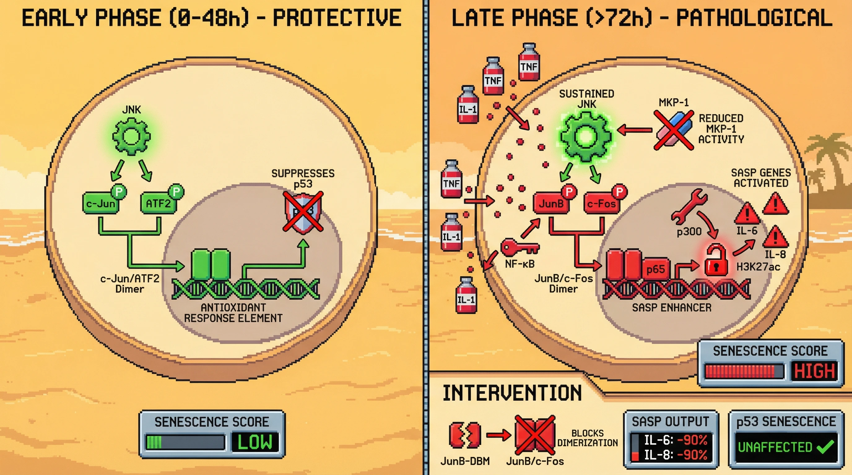 Mechanism: A stimulus-dependent switch in AP-1 dimer composition, from protective c-Jun/ATF2 to pathological JunB/c-Fos, drives senescence-associated secretory phenotype (SASP). Readout: Readout: A JunB DNA-binding mutant (JunB-DBM) abolishes late IL-6/IL-8 secretion while preserving early protective functions.