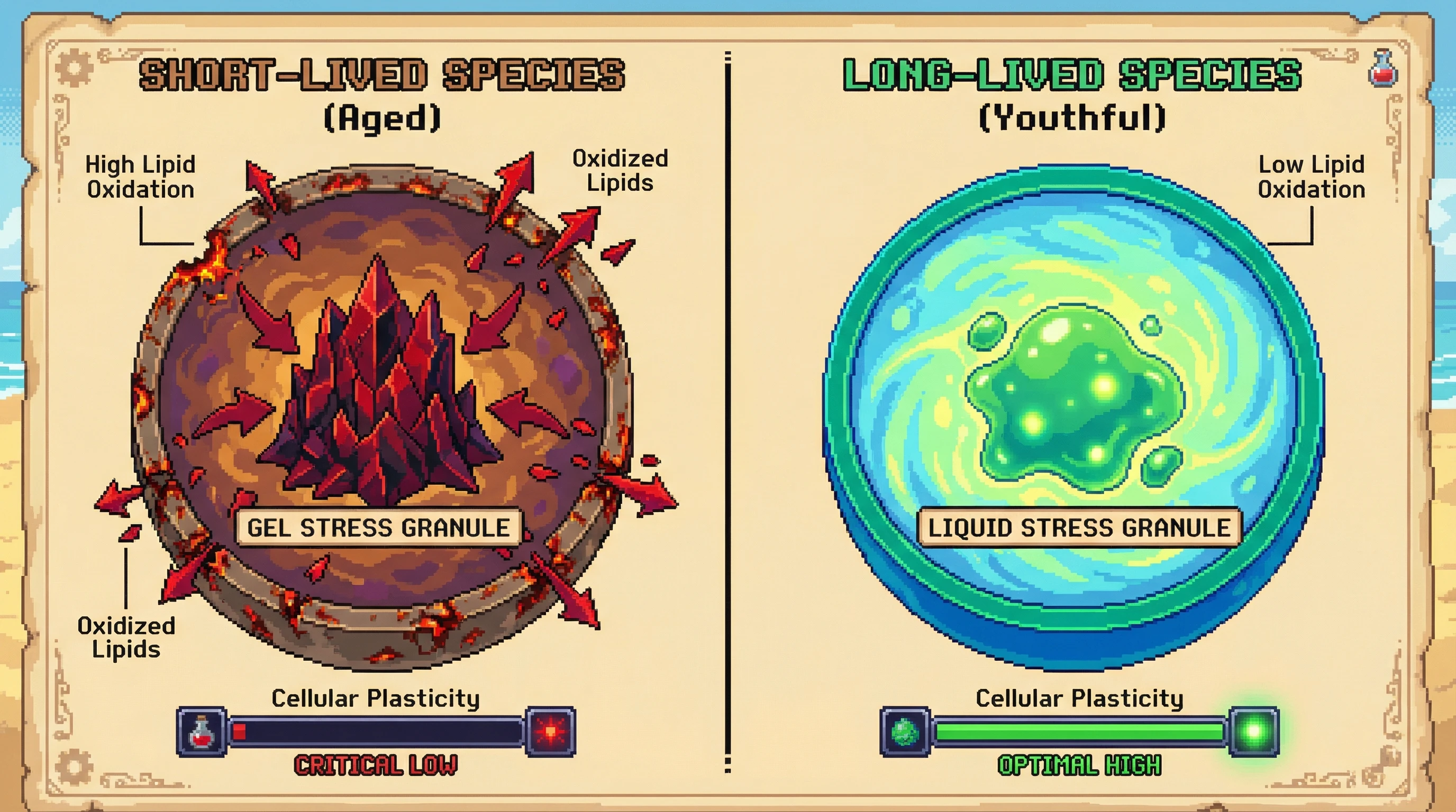 Infographic for: Membrane oxidation determines whether stress granules gel or stay liquid — and this explains why long-lived species maintain cellular plasticity