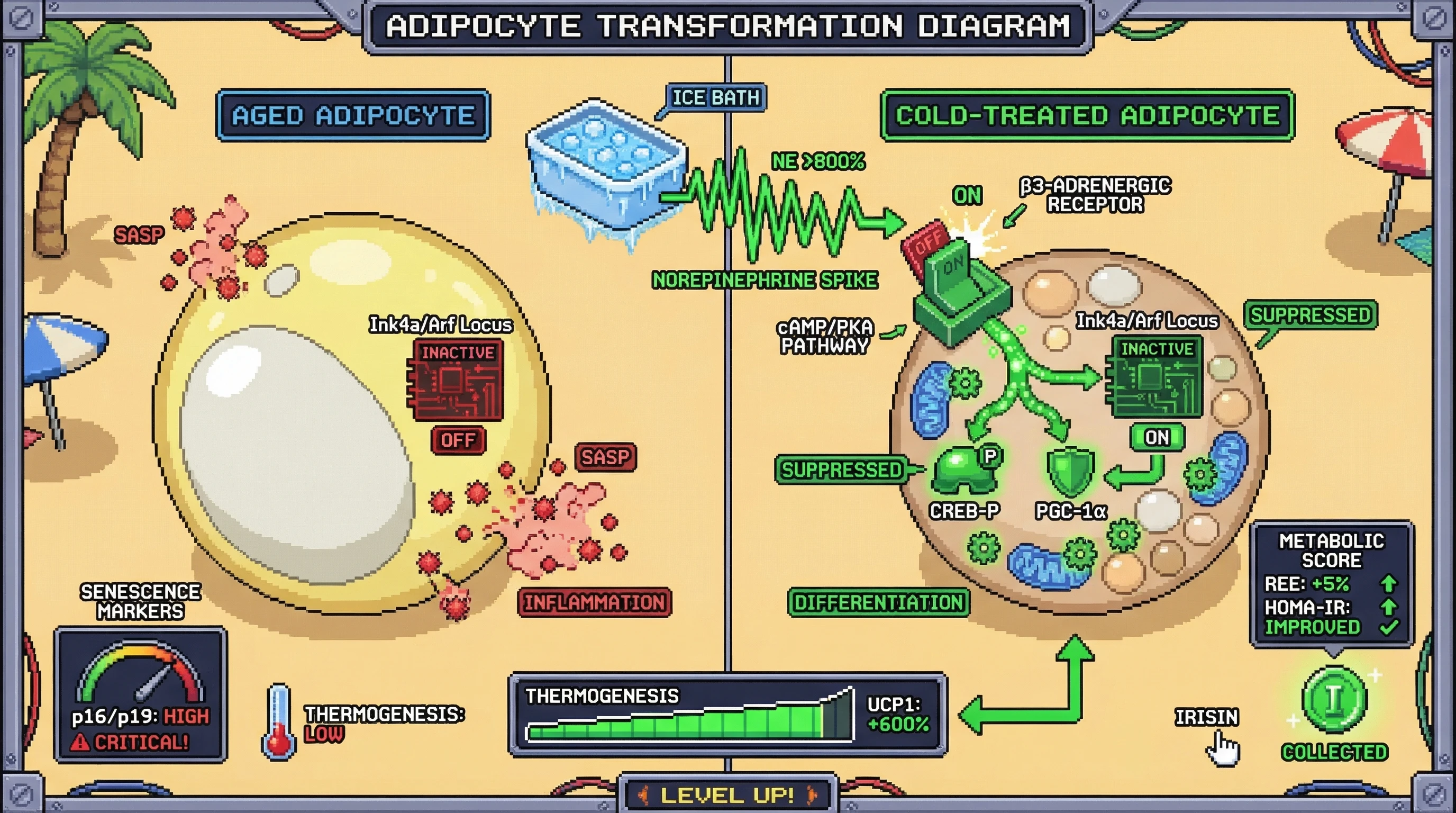 Mechanism: Extreme cold immersion triggers norepinephrine release, activating the β3-adrenergic/cAMP/PKA pathway in adipocytes to suppress Ink4a/Arf senescence and induce beige adipocyte formation. Readout: Readout: This process increases thermogenesis, improves insulin sensitivity, and reduces p16/p19 senescence markers.
