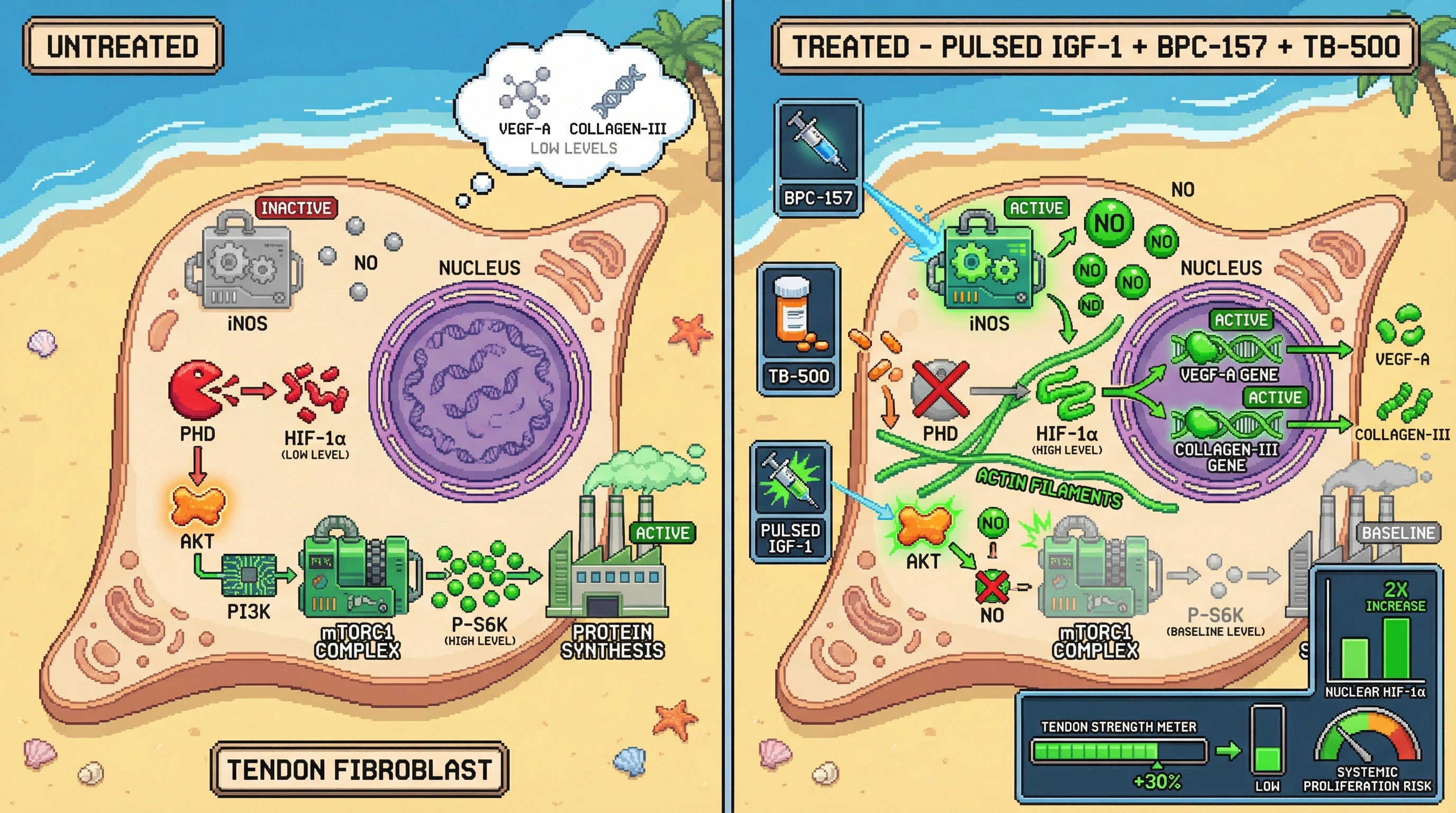 Infographic for: Hypothesis: Pulsed low‑dose IGF‑1 combined with BPC‑157 and TB‑500 enhances tendon fibroblast HIF‑1α activity while keeping mTORC1 signaling basal