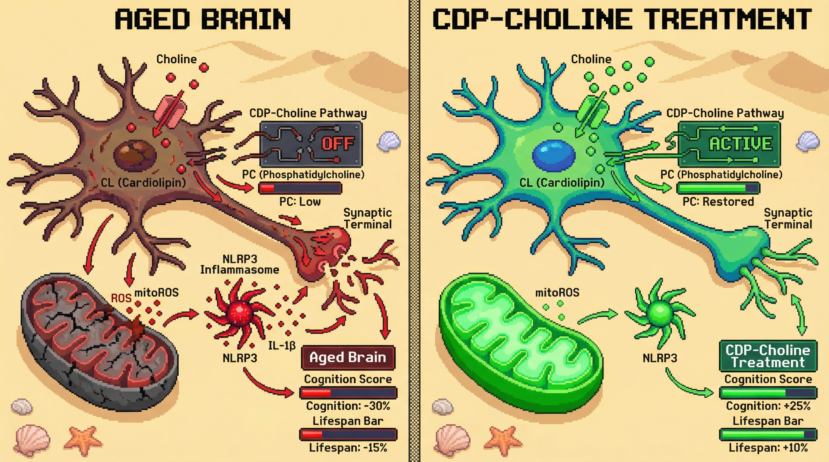 Infographic for: Hypothesis: Age-related decline in neuronal phosphatidylcholine synthesis drives maladaptive mitochondrial cardiolipin remodeling, increasing ROS and synaptic loss independent of acetylcholine