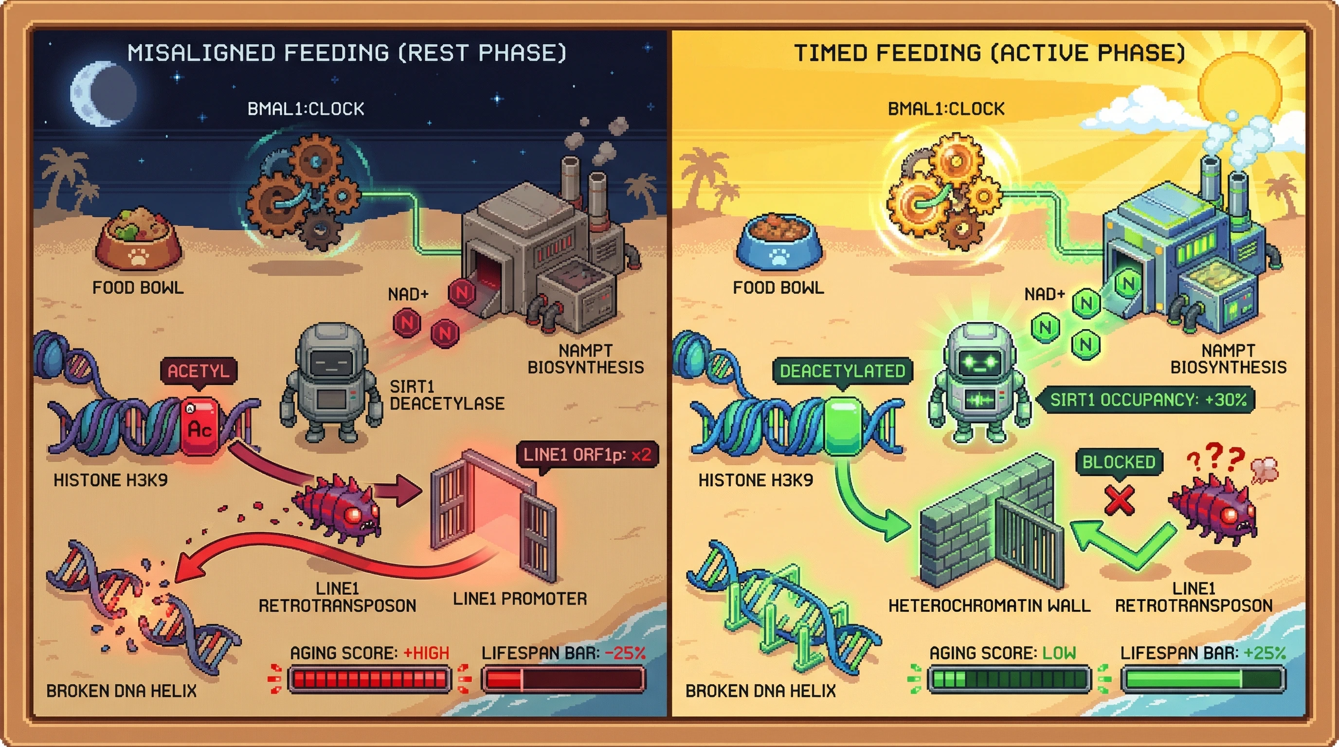 Infographic for: CircadianNAD+ rhythms gate SIRT1-mediated LINE1 silencing: a feeding‑time dependent checkpoint for genomic stability