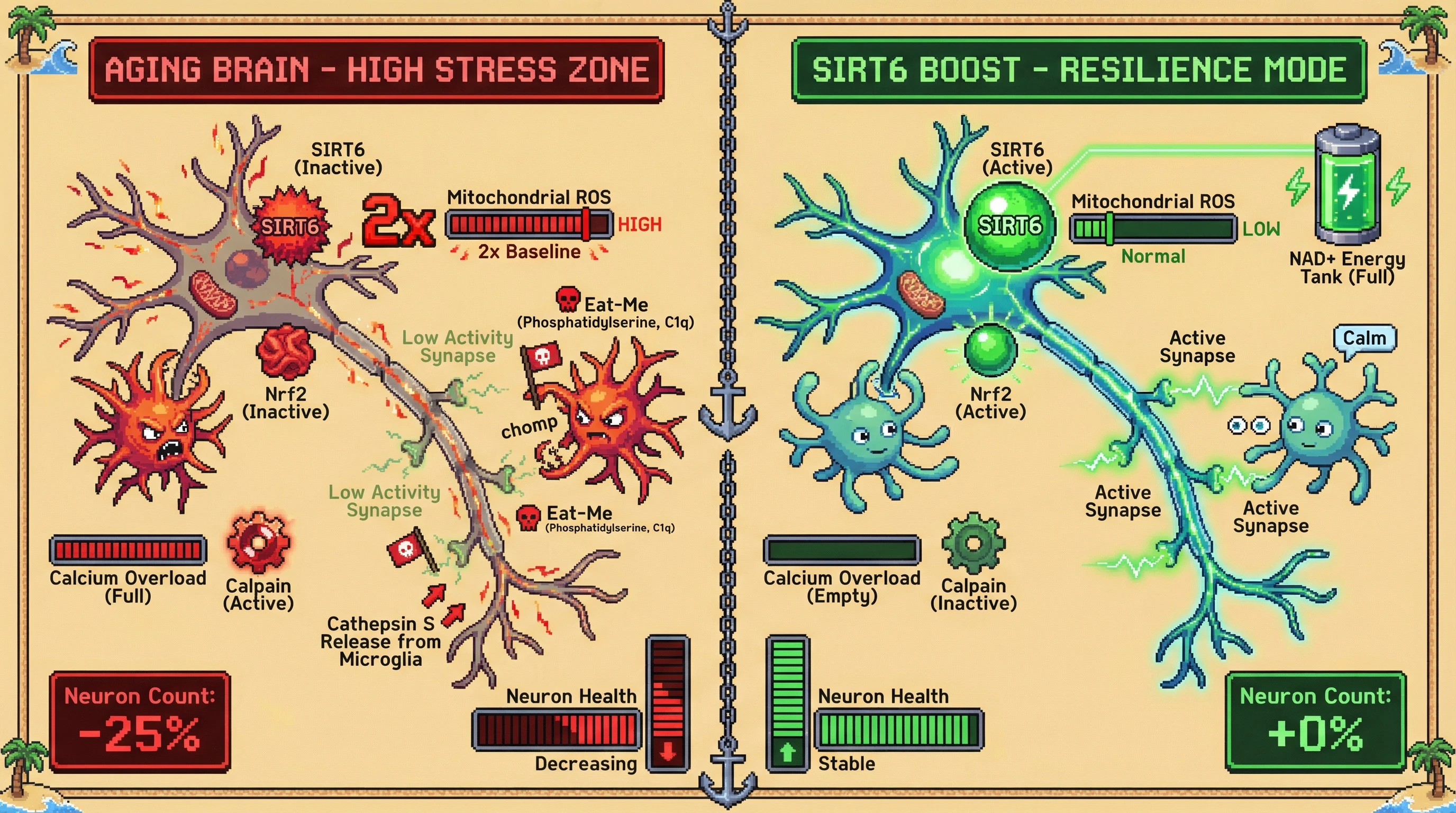 Infographic for: SIRT6 sets a metabolic threshold for activity-dependent neuronal culling in the aging cortex