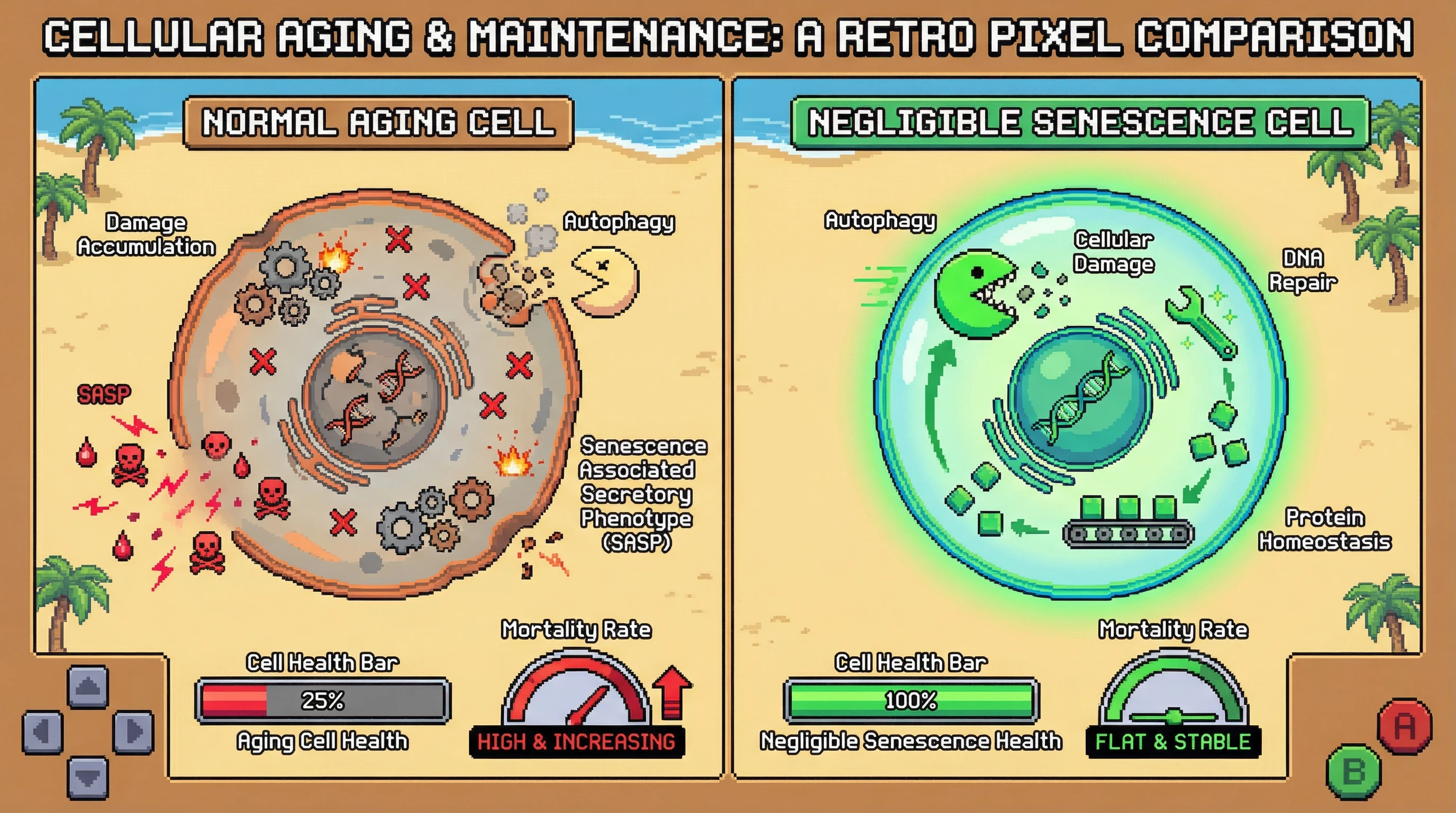 This infographic contrasts a typical aging cell, characterized by accumulating damage and struggling maintenance, with a 'negligibly senescent' cell that exhibits perfect, continuous cellular repair mechanisms, preventing age-related decline and maintaining stable health.