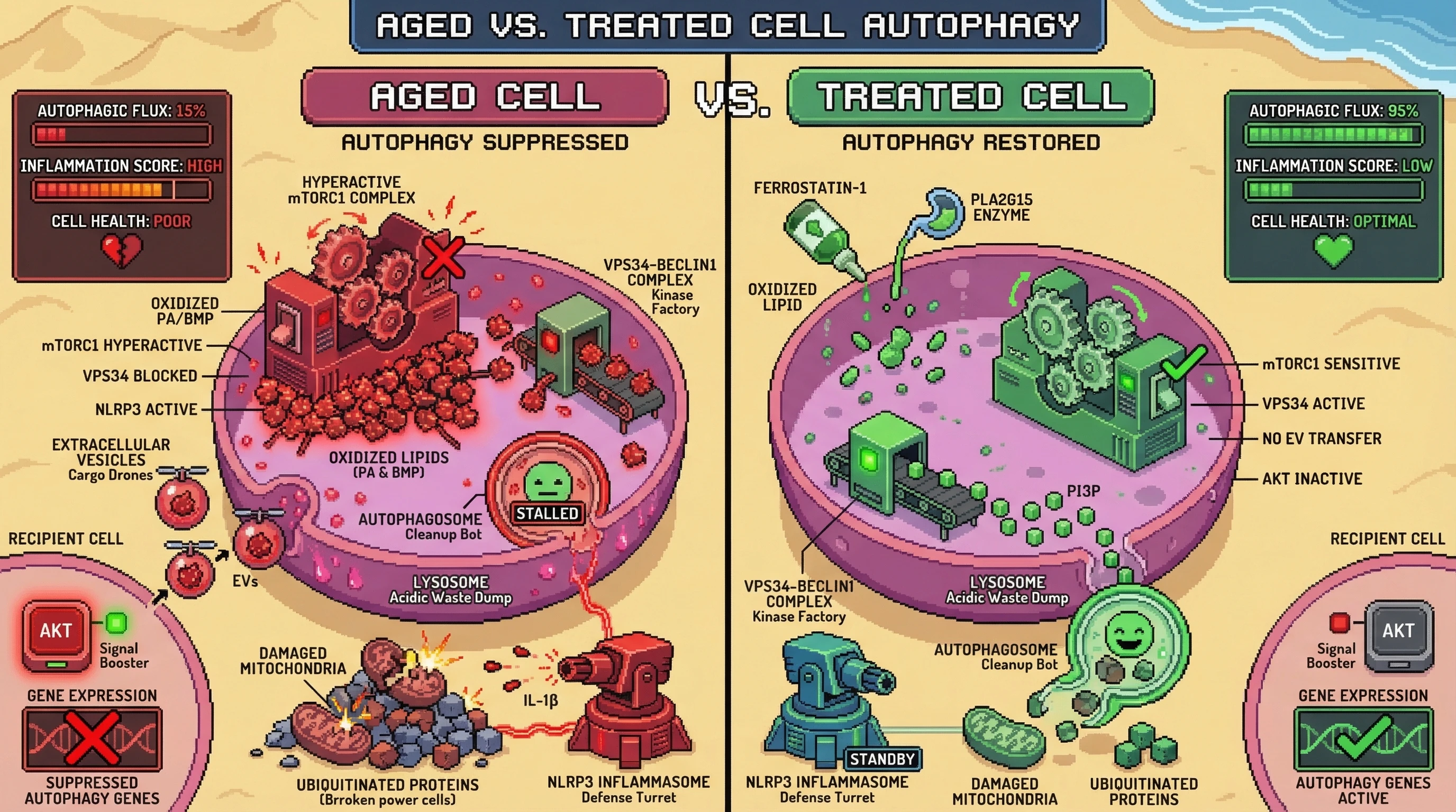 Mechanism: Oxidized lysosomal lipids (PA/BMP) in aged cells hyperactivate mTORC1 and inhibit VPS34-Beclin1, suppressing autophagy and propagating inflammation via EVs. Readout: Readout: Pharmacological reduction of these lipids restores autophagic flux, decreases inflammation, and improves cell health.
