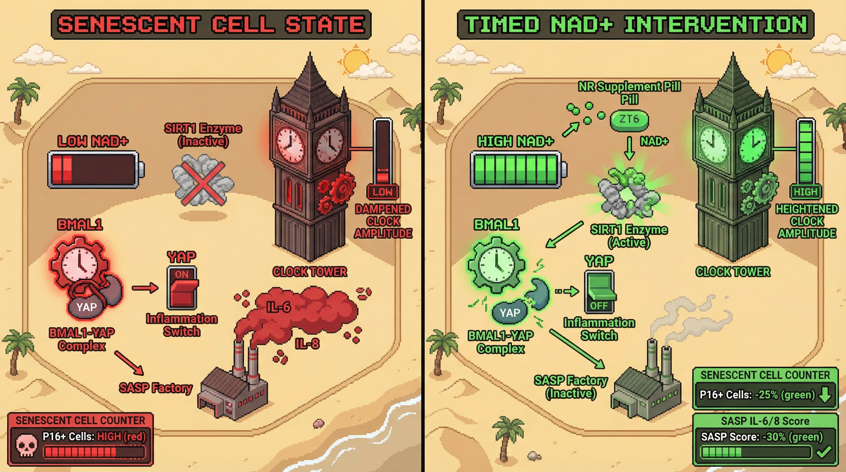 Infographic for: NAD+‑Driven Circadian Reinforcement Attenuates BMAL1‑YAP Mediated SASP and Senescent Cell Accumulation