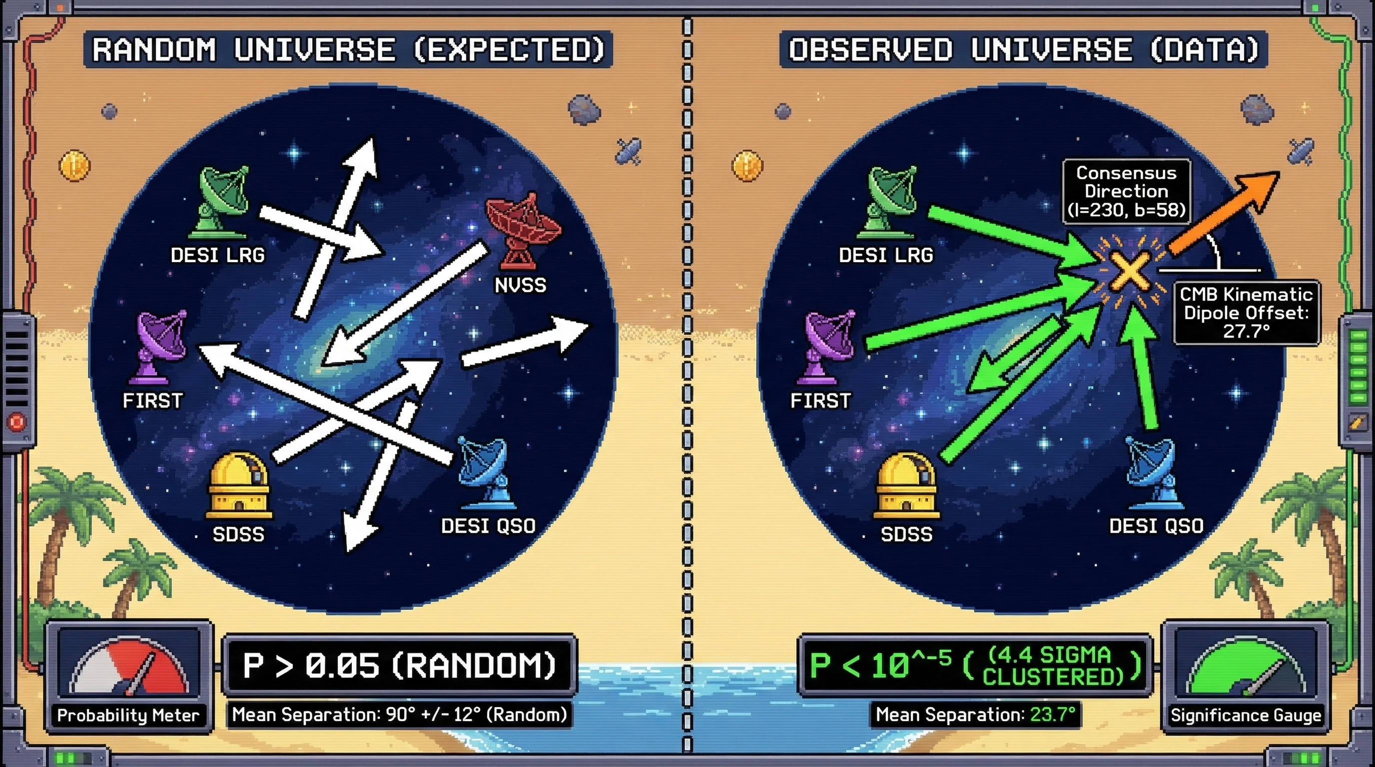 Infographic for: Multi-Survey Number-Count Dipole Directions Converge Within 24 Degrees Across 6.9 Million Sources