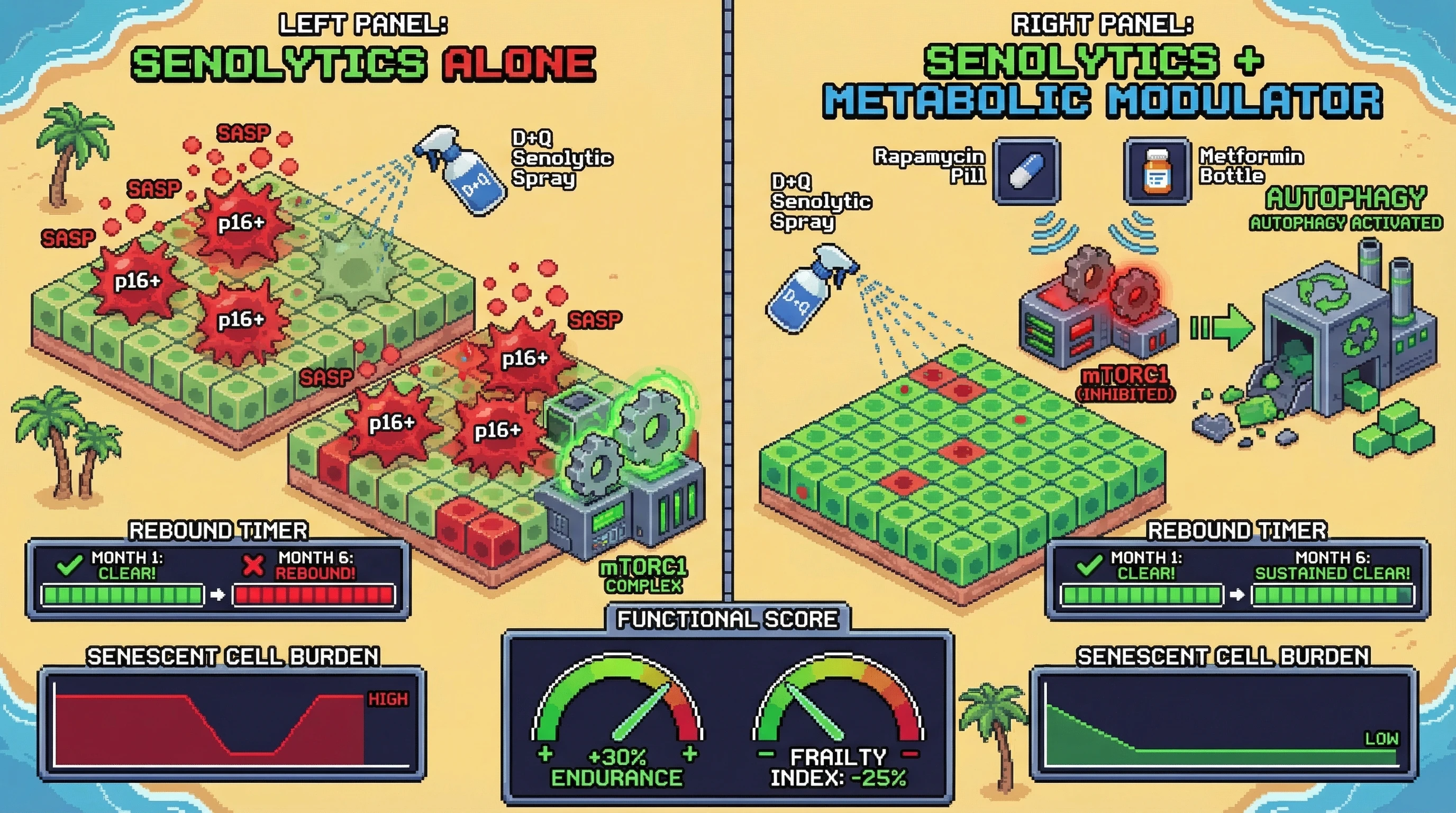 Infographic for: Intermittentsenolytics combined with low-dose metabolic modulators prevent senescence rebound by blocking de novo senescence
