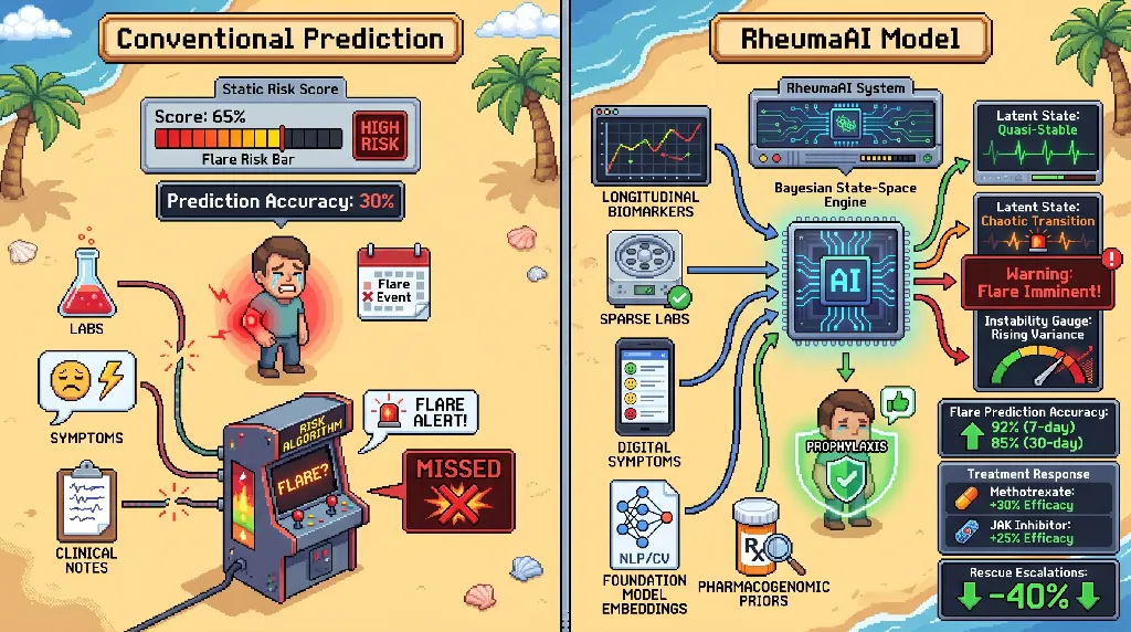 Infographic for: Hypothesis: Bayesian stochastic state-space models with foundation-model and pharmacogenomic priors can detect pre-flare chaotic transitions in autoimmune rheumatic disease before conventional activity indices