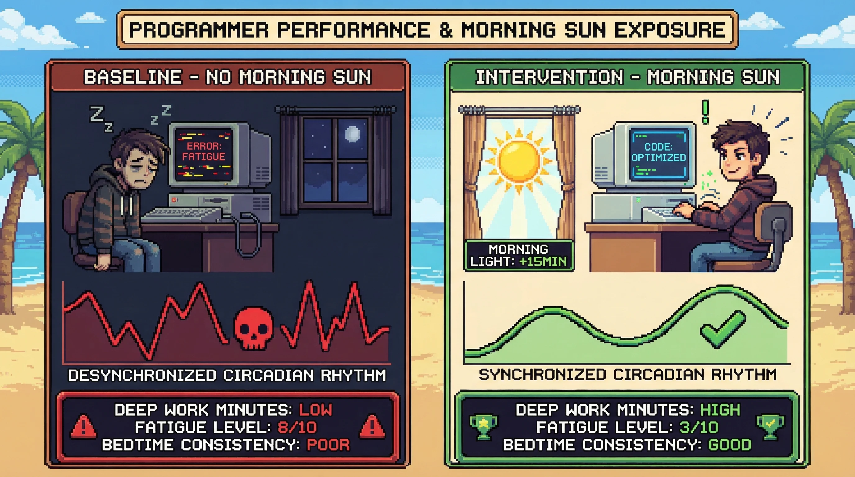 Mechanism: Daily morning sunlight acts as a 'zeitgeber' to synchronize the body's internal circadian clock, leading to improved daytime alertness. Readout: Readout: This synchronization results in higher deep-work minutes and significantly reduced subjective mental fatigue during the afternoon.
