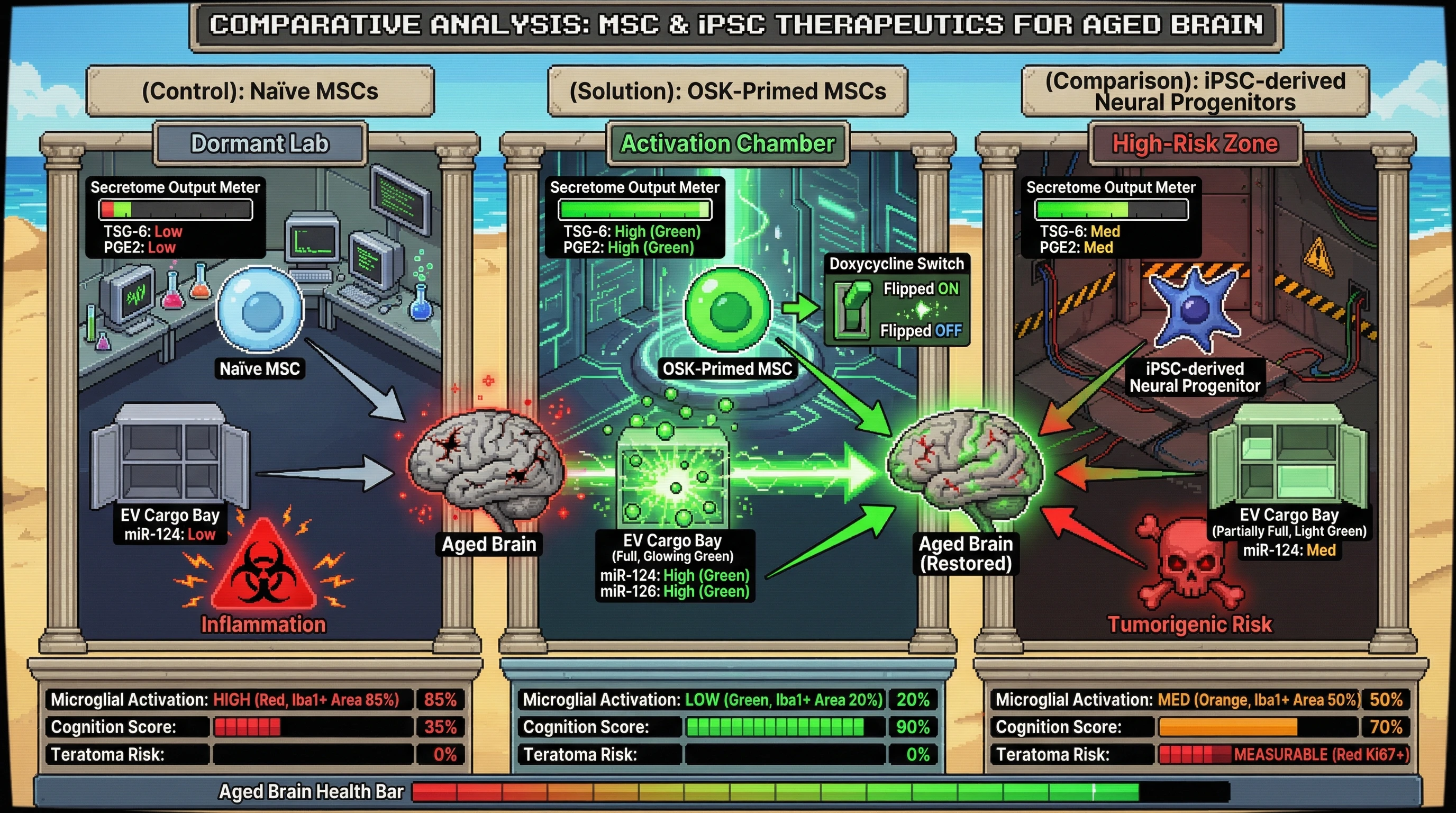 Infographic for: Transient OSK priming enhances adult MSC secretome and EV neuroprotective cargo to outperform iPSC‑derived grafts in aged brain