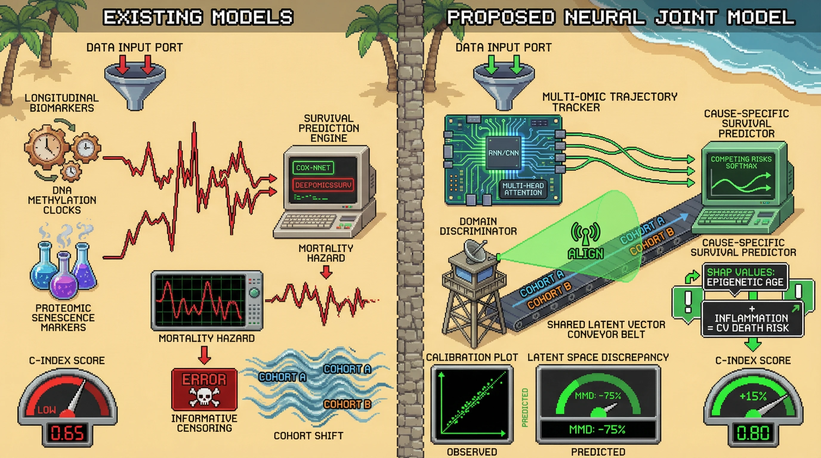 Infographic for: A Neural Joint Modeling Framework with Adversarial Domain Adaptation for Predicting Cause-Specific Mortality in Longitudinal Aging Cohorts