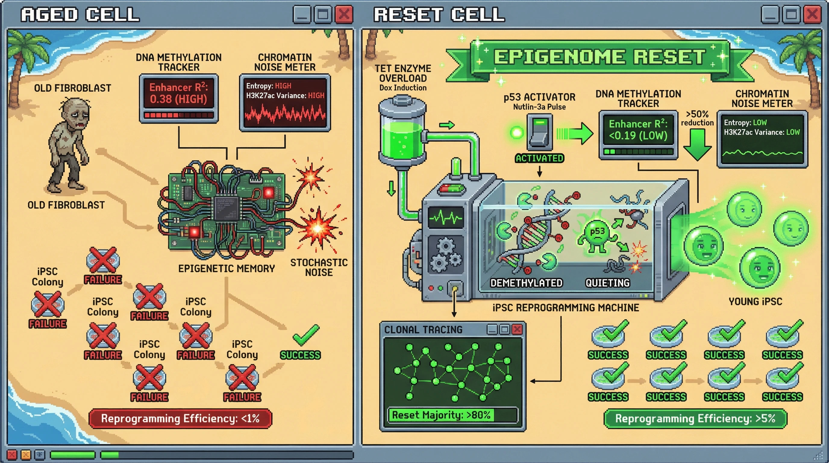 Mechanism: Combined TET enzyme overexpression and transient p53 activation erase age-associated DNA methylation and suppress epigenetic noise during iPSC reprogramming. Readout: Readout: Enhancer methylation (R²) drops by 50%, chromatin noise metrics decrease, and reprogramming efficiency rises to 5% across a majority of cells.