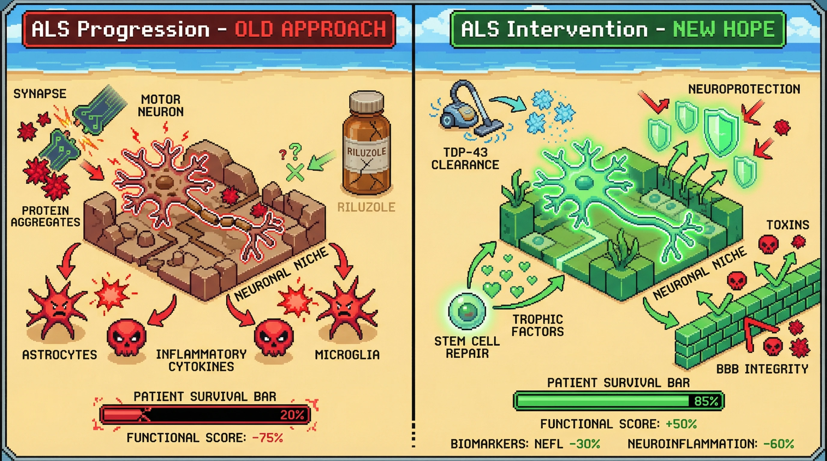 This infographic illustrates the shift in ALS treatment, comparing the limited efficacy of old approaches with new, multi-mechanistic therapies that improve motor neuron health, clear toxic proteins, and enhance functional outcomes, as indicated by improved survival and biomarker scores.
