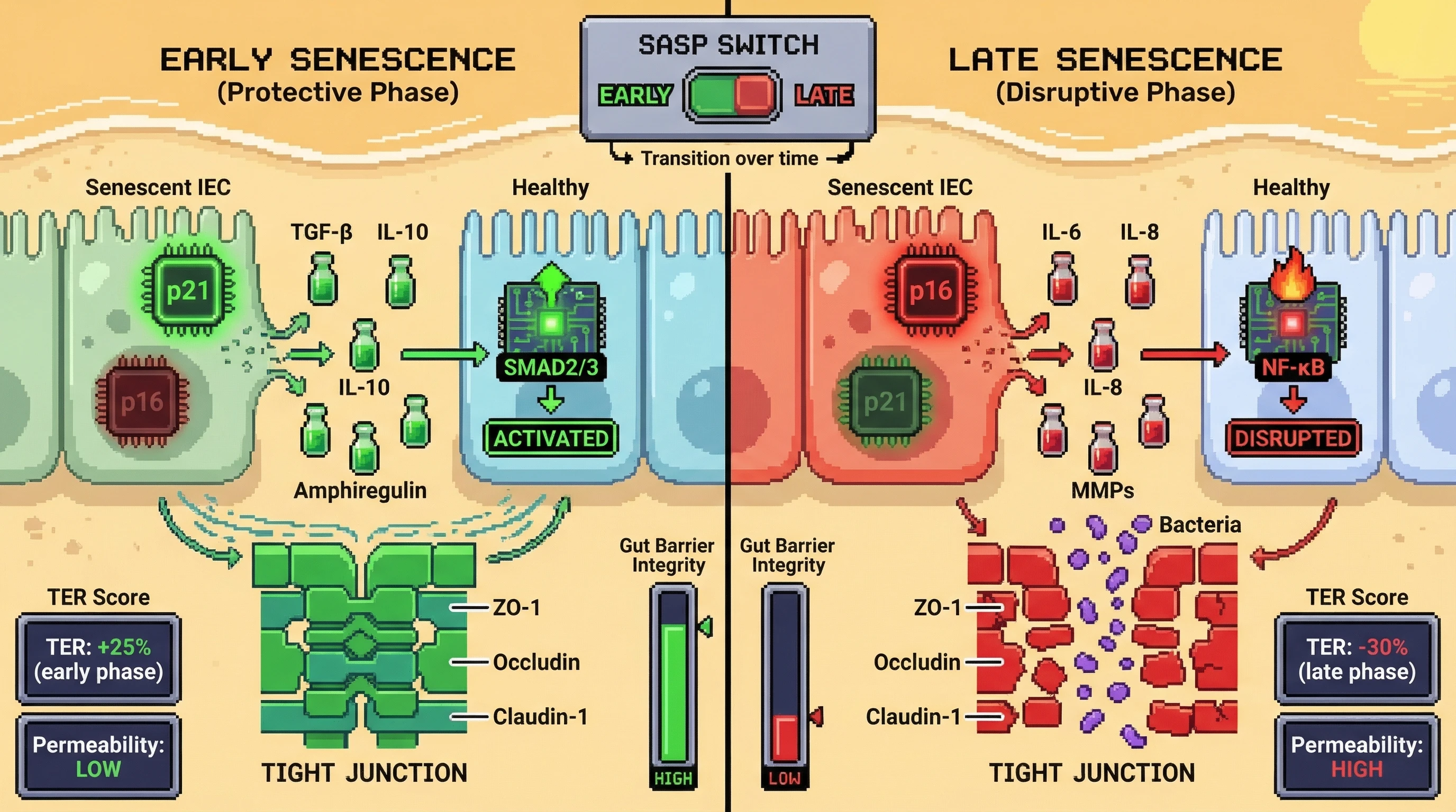 Mechanism: Early senescent intestinal cells secrete protective TGF-β, activating SMAD2/3 and strengthening tight junctions. Readout: Readout: This transient state increases TER and decreases permeability, but prolonged senescence switches to NF-κB-driven inflammation, degrading the barrier.