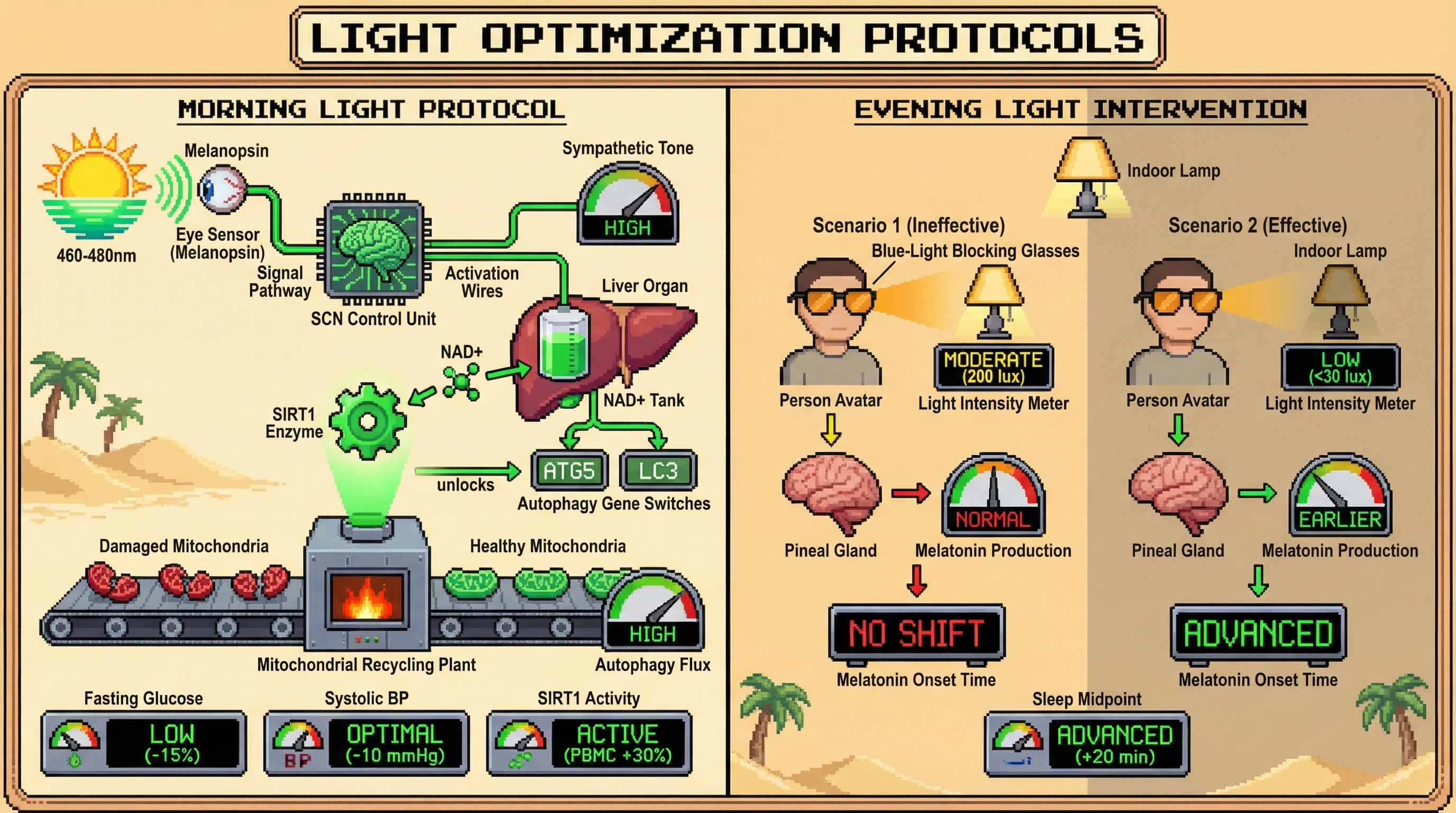Infographic for: Morning Light-Driven SIRT1 Activation Mediates Cardiometabolic Benefits Independent of Sleep Duration, While Evening Blue-Light Blockade Requires Intensity Reduction to Affect Melatonin Onset