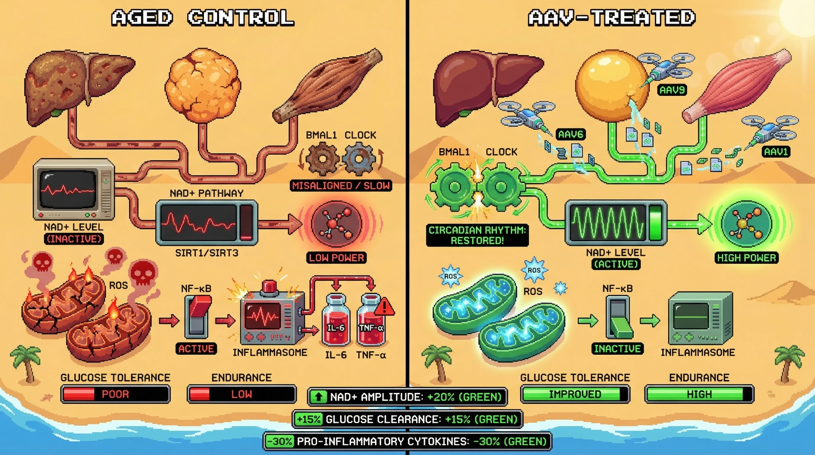 Mechanism: AAV-delivered BMAL1 and CLOCK restore circadian rhythm in liver, adipose, and muscle, increasing NAD+ levels and activating SIRT1/SIRT3 to improve mitochondrial function and suppress inflammation. Readout: Readout: Treated systems show a 20% increase in NAD+ amplitude, 15% improvement in glucose clearance, and 30% reduction in pro-inflammatory cytokines.