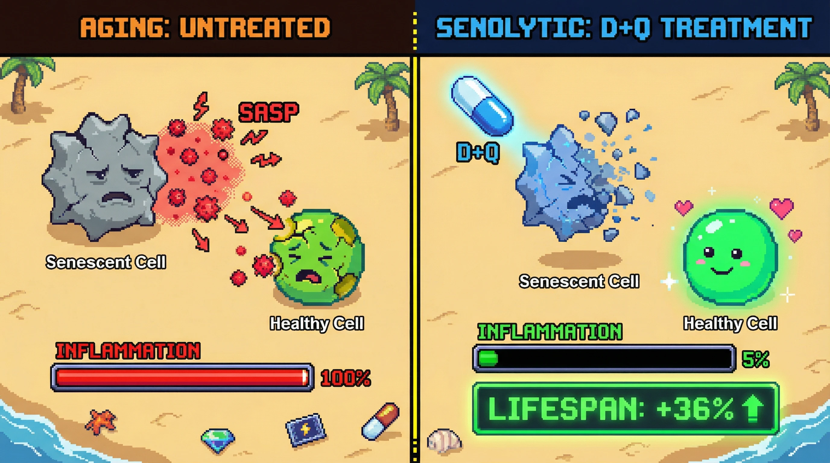This infographic illustrates how senescent 'zombie' cells drive aging by releasing inflammatory signals (SASP), and how senolytic drugs like Dasatinib + Quercetin (D+Q) can eliminate these cells to reduce inflammation and extend lifespan.