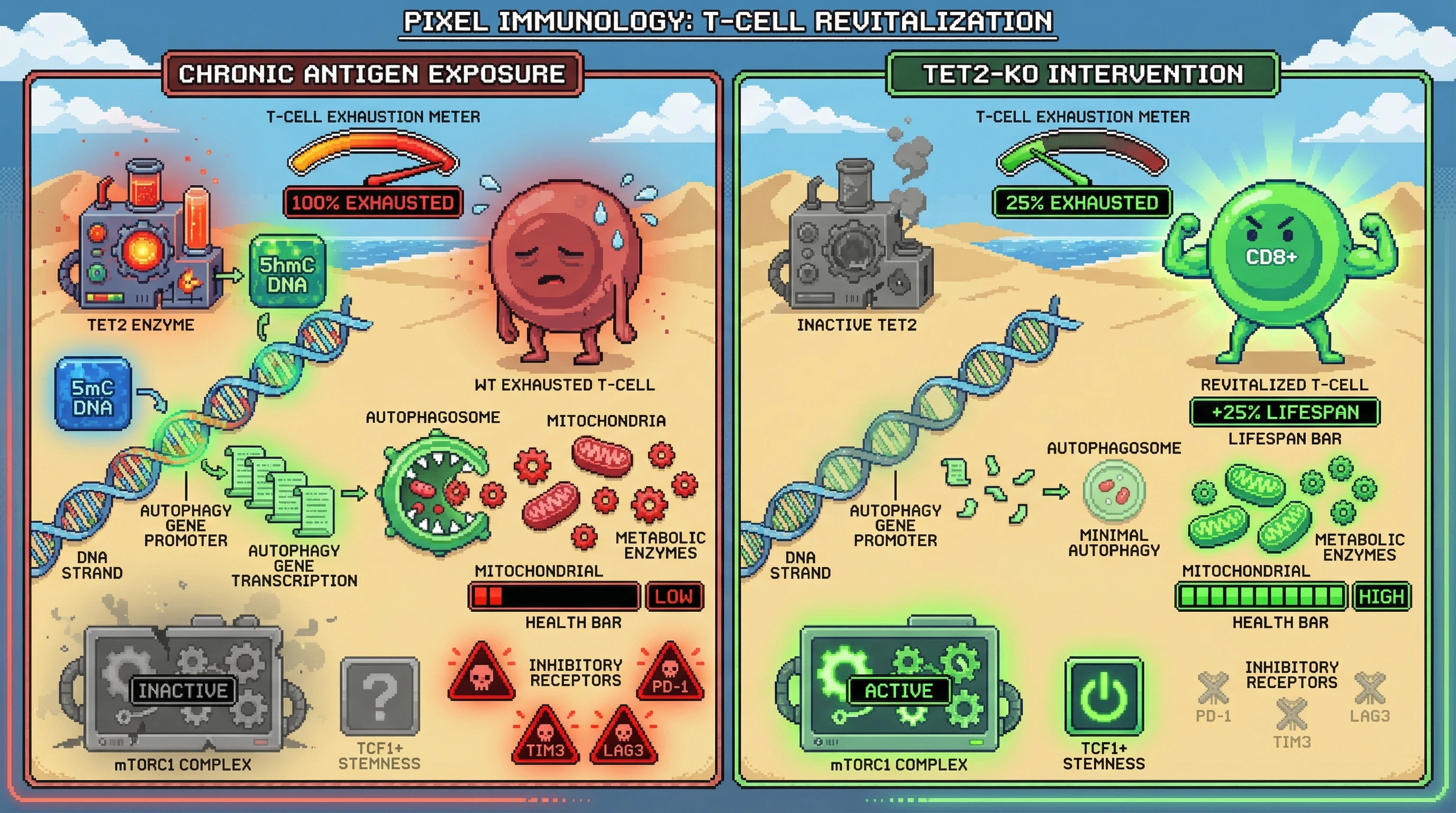 Mechanism: TET2-mediated 5hmC deposition at autophagy gene promoters drives elevated autophagic flux, leading to mitochondrial degradation and CD8+ T-cell exhaustion. Readout: Readout: Loss of TET2 or autophagy inhibition preserves mitochondrial health, sustains TCF1+ stem-like cells, and reduces T-cell exhaustion markers by 75%.