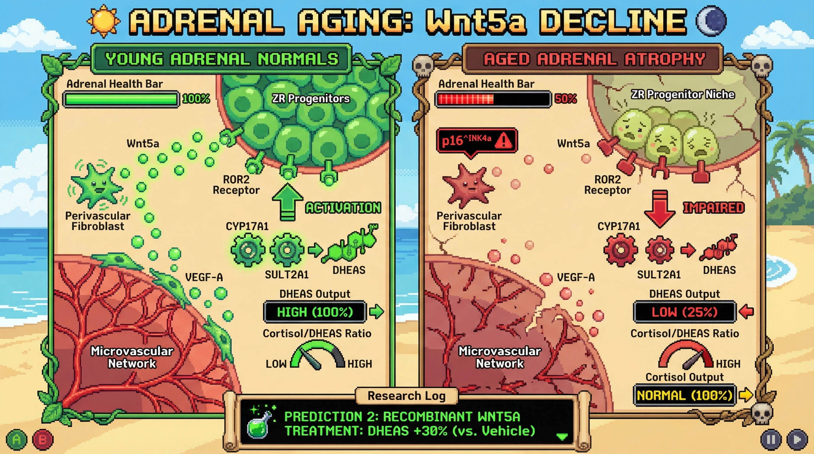 Mechanism: Age-related decline in perivascular fibroblast Wnt5a reduces adrenal zona reticularis (ZR) progenitor function, leading to DHEAS synthesis impairment. Readout: Readout: This results in ZR atrophy, decreased DHEAS output, and an elevated cortisol/DHEAS ratio, while cortisol production remains normal.