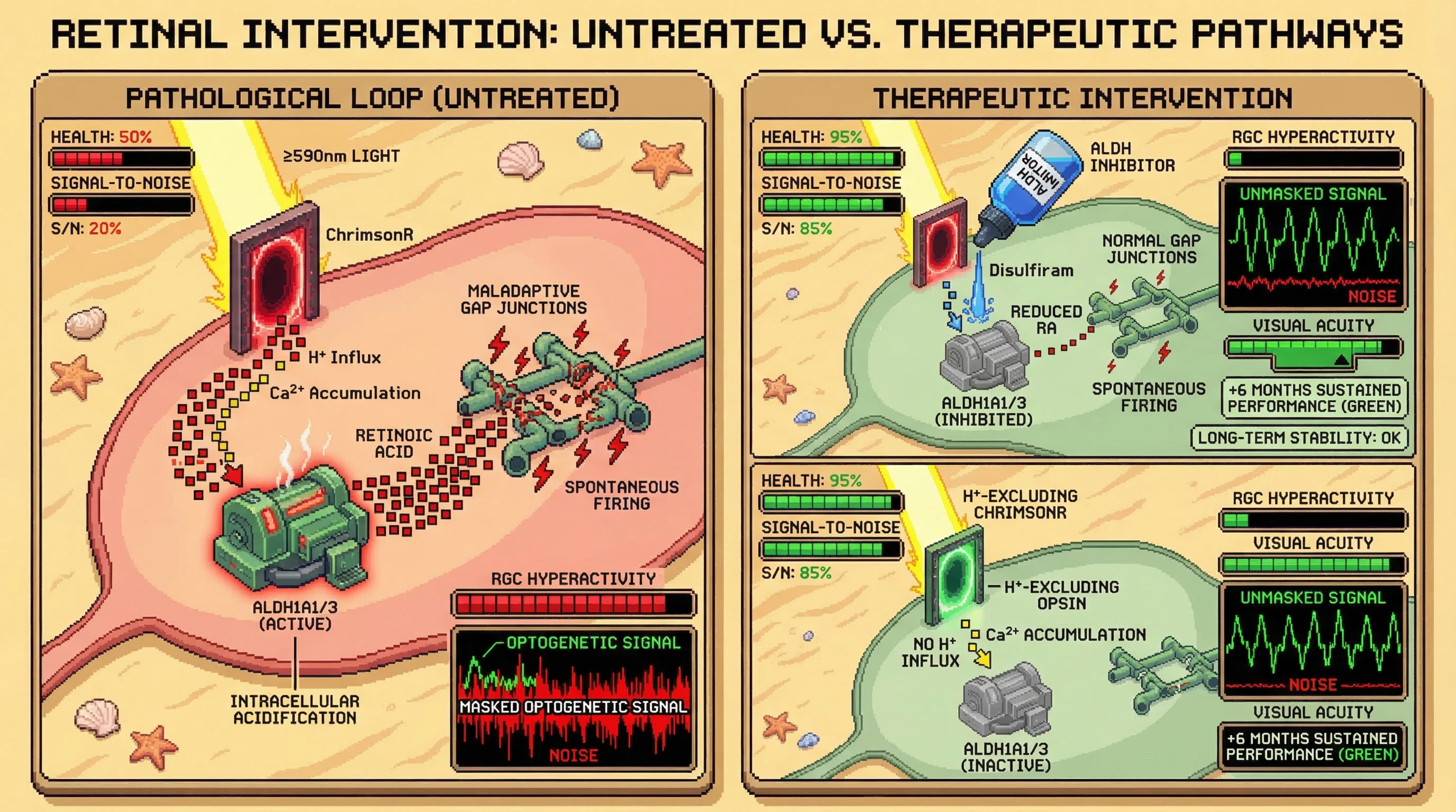 Mechanism: High-irradiance microbial opsins cause intracellular acidification, upregulating ALDH enzymes and retinoic acid, leading to RGC hyperactivity that masks therapeutic signals. Readout: Readout: Inhibiting ALDH or using proton-excluding opsins prevents hyperactivity, unmasking signals and improving long-term visual performance.