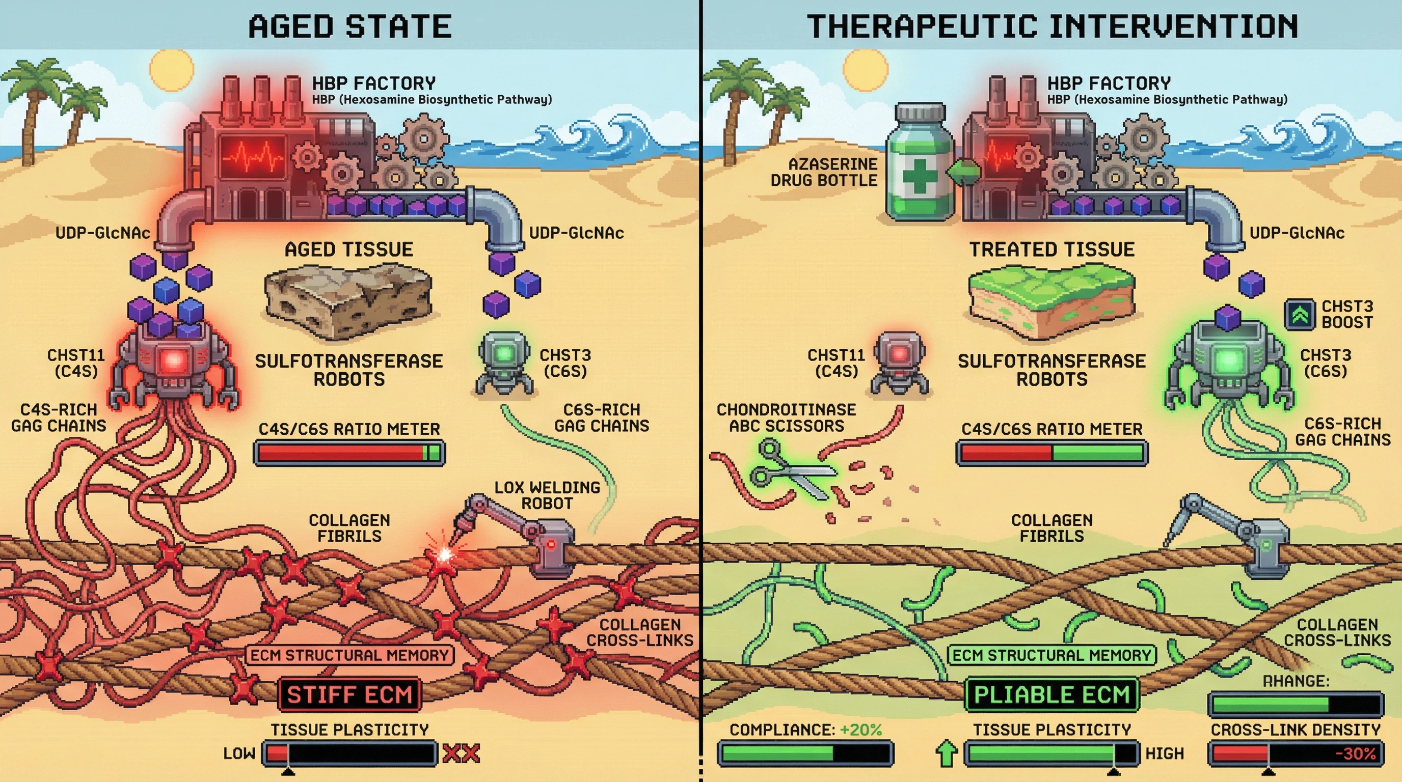 Infographic for: Age‑Dependent GAG Sulfation Drives Collagen Cross‑Link Stabilization via Hexosamine Pathway Activation, Creating a Reversible ECM Structural Memory