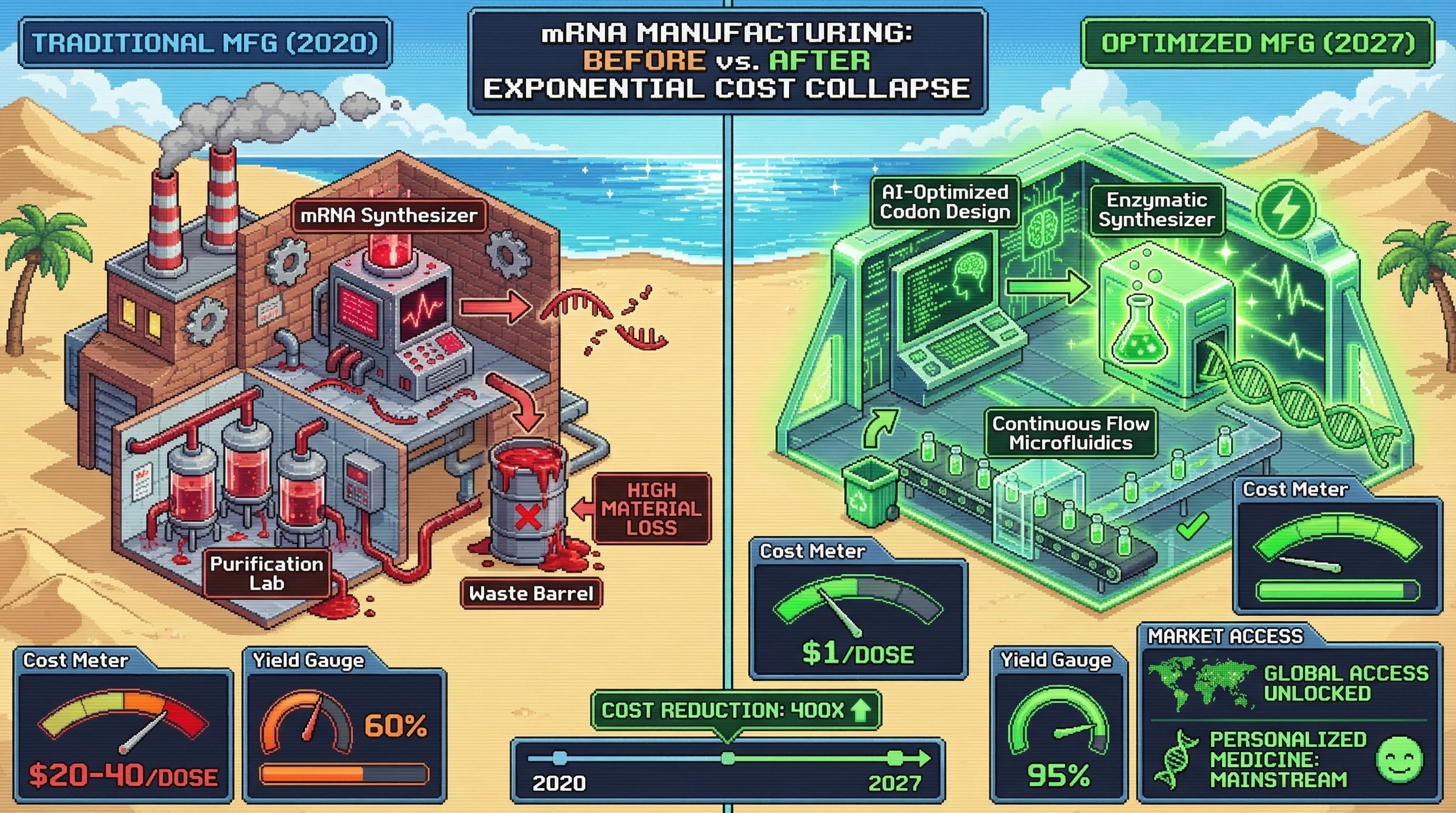 Infographic for: mRNA Manufacturing Costs Hit $1 Per Dose by Q3 2027 — Enzymatic Synthesis + AI Optimization Breaks the Economics of Medicine