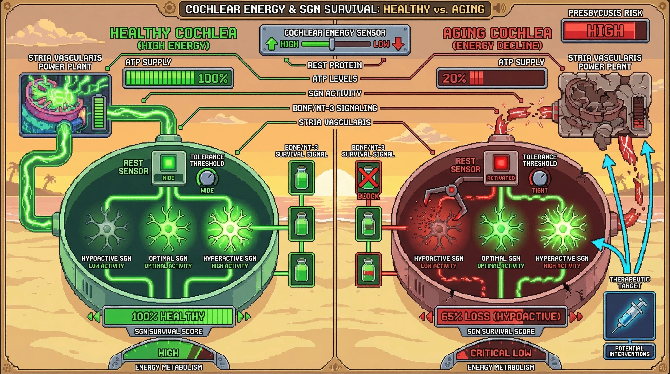 Infographic for: REST as a Cochlear Metabolic Sensor: Bidirectional Pruning of Spiral Ganglion Neurons Under Energy Decline