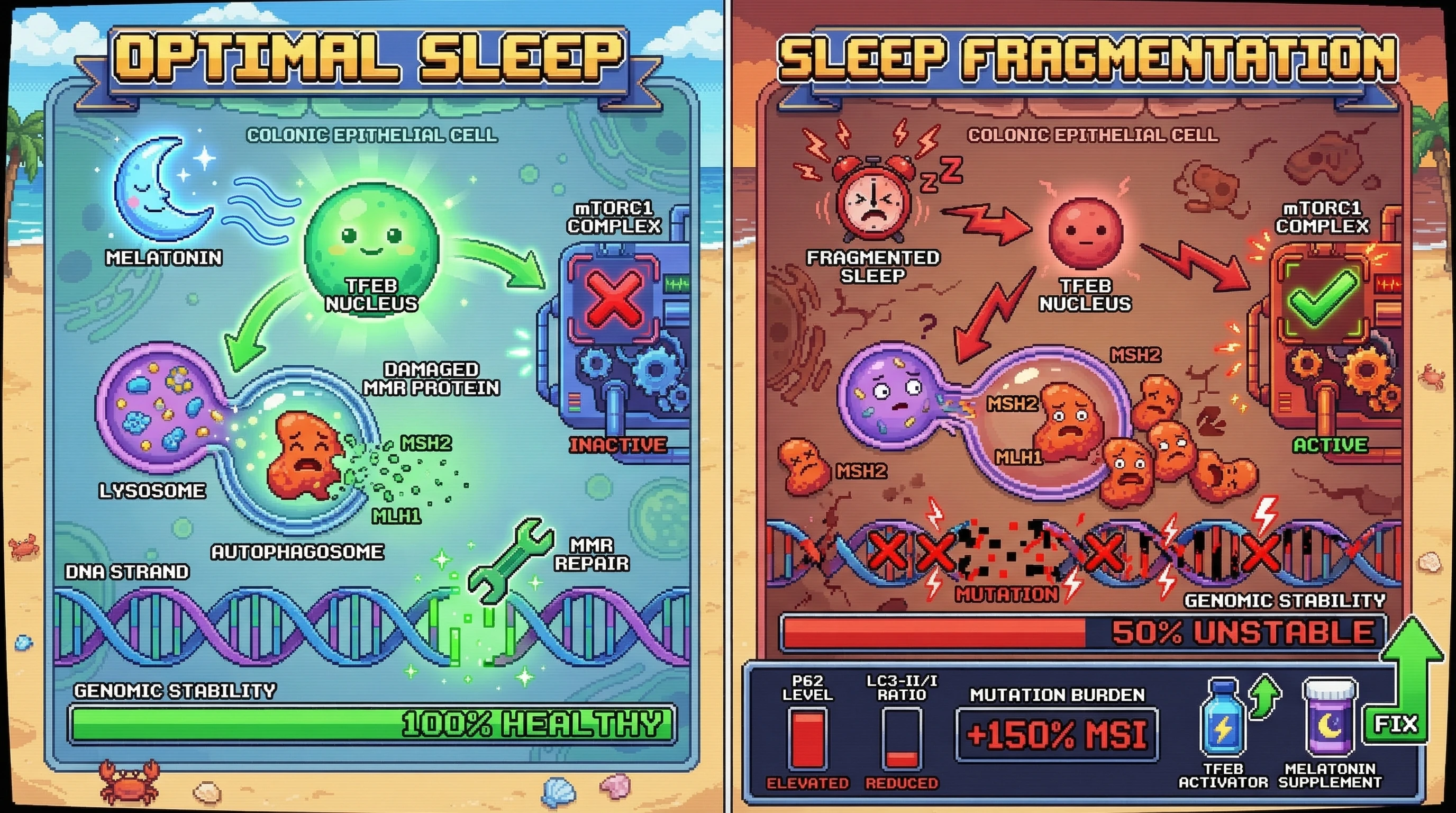 Mechanism: Optimal sleep drives TFEB activity, inhibiting mTORC1 and activating autophagy to clear damaged DNA mismatch repair proteins. Readout: Readout: Fragmented sleep leads to accumulated damaged MMR proteins, increased mutation burden, and elevated P62/reduced LC3-II/I ratios.