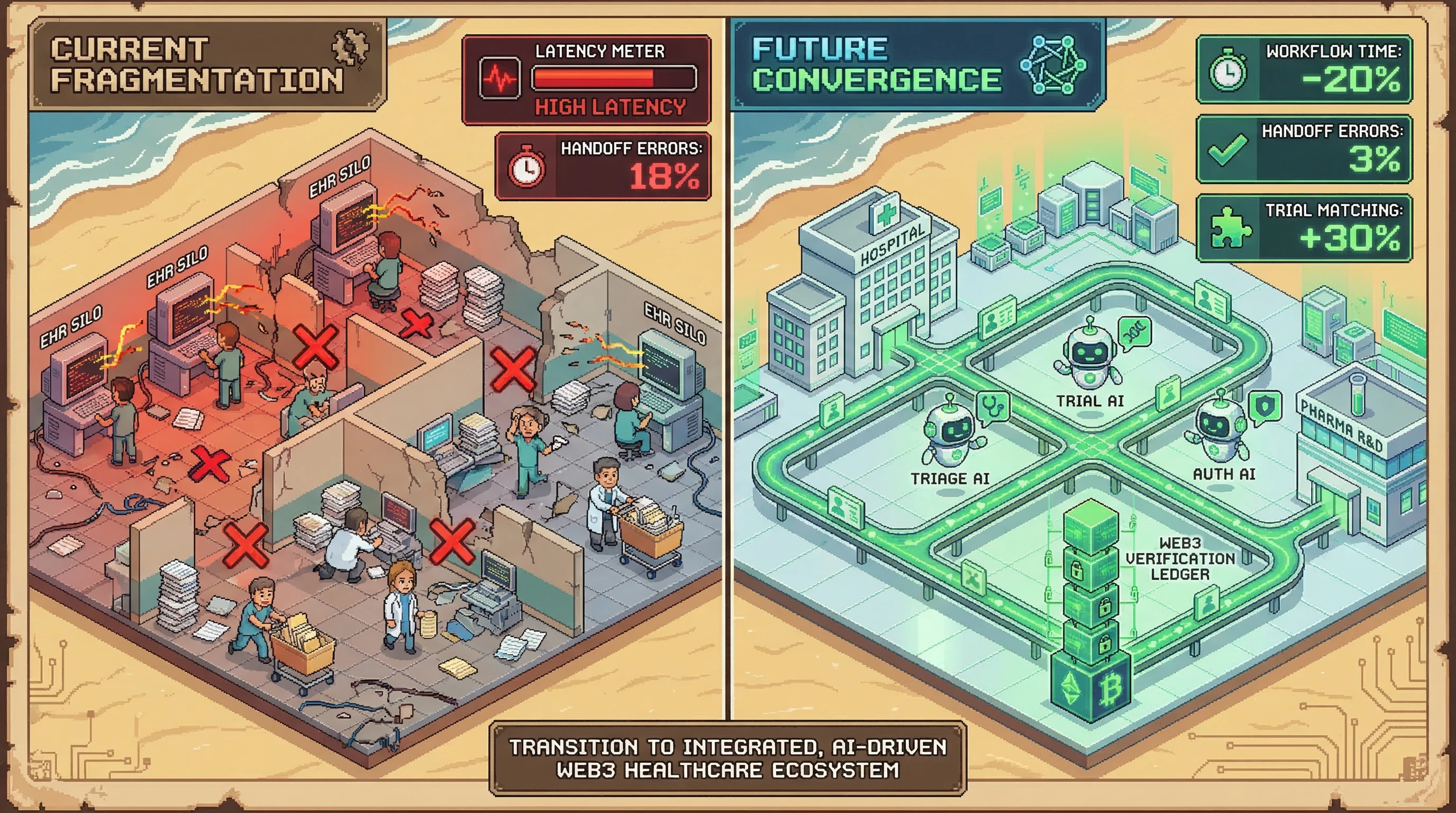 Infographic for: Hypothesis (2026-03-17) [S1/5] [Technical + Investor]: Future convergence of Technology, Web3, AI, and AI Agents will reshape healthcare, medicine, hospitals, and scientific research