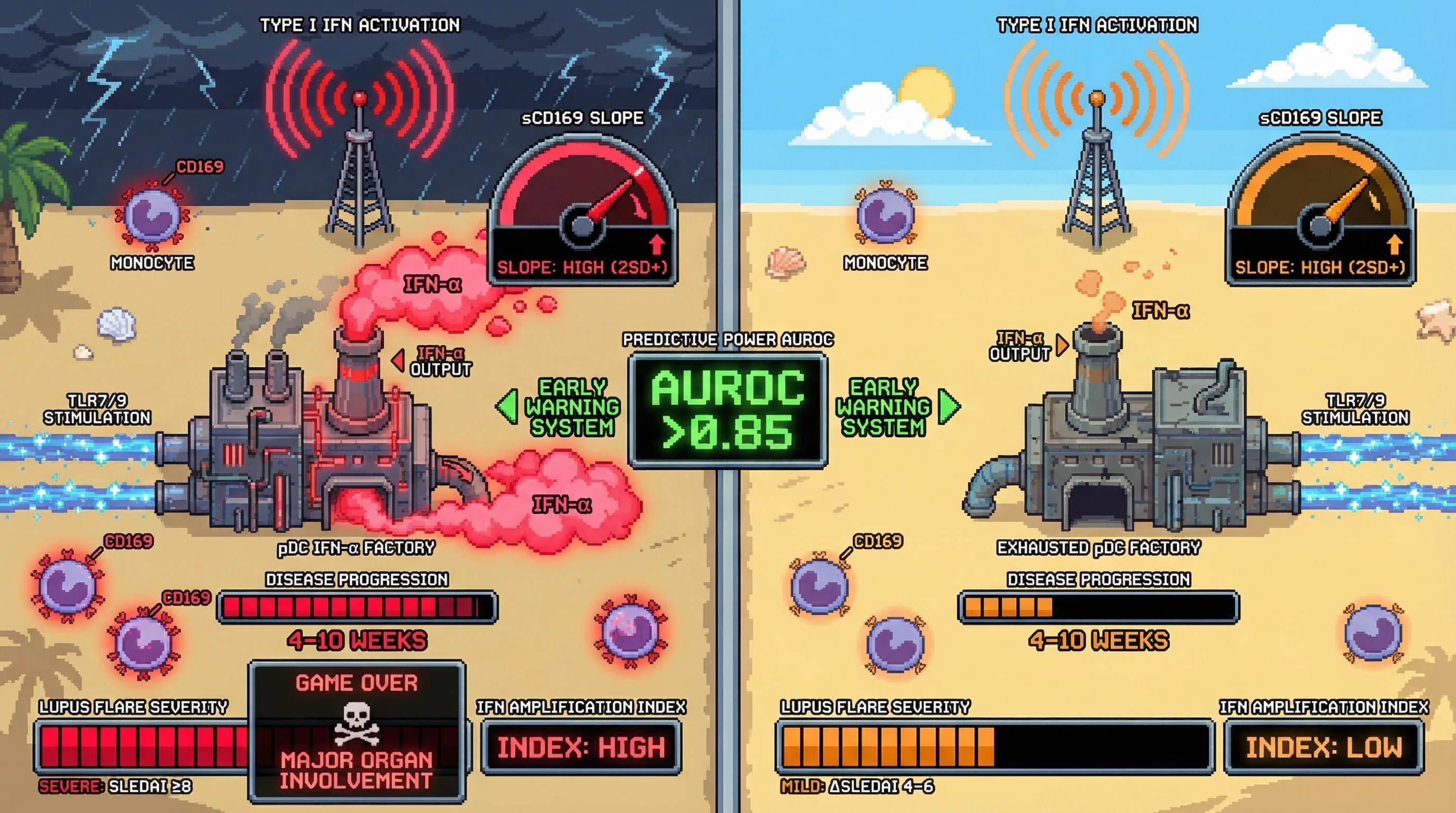 Infographic for: Serum Soluble Siglec-1 (sCD169) Kinetics Combined With Plasmacytoid Dendritic Cell Type I Interferon Functional Capacity Predict Lupus Flare Severity 4–10 Weeks Before SLEDAI Elevation