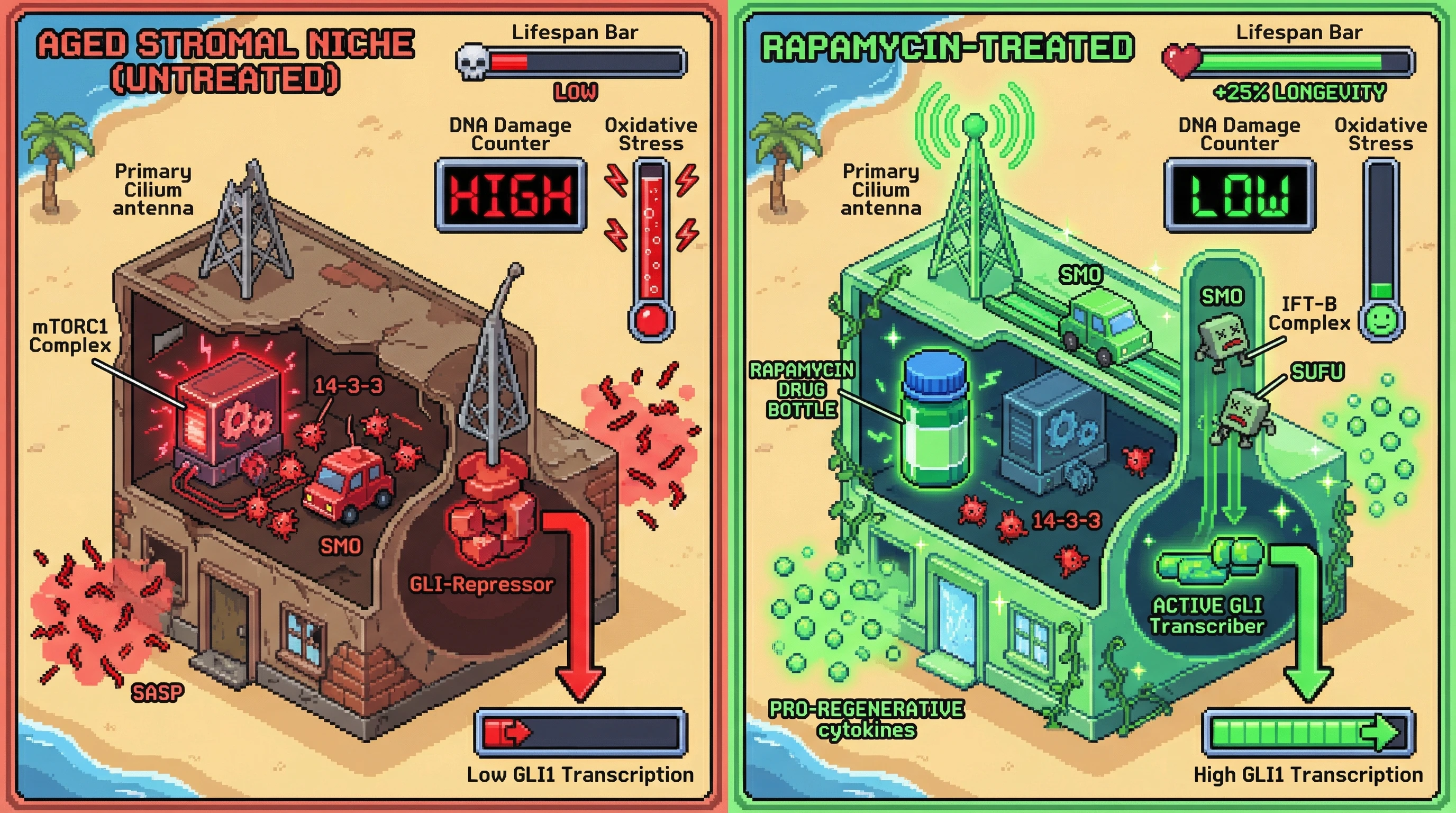 Infographic for: Rapamycin extends lifespan by restoring Hedgehog‑GLI morphogen gradients in senescent stromal niches, not solely by mimicking caloric restriction
