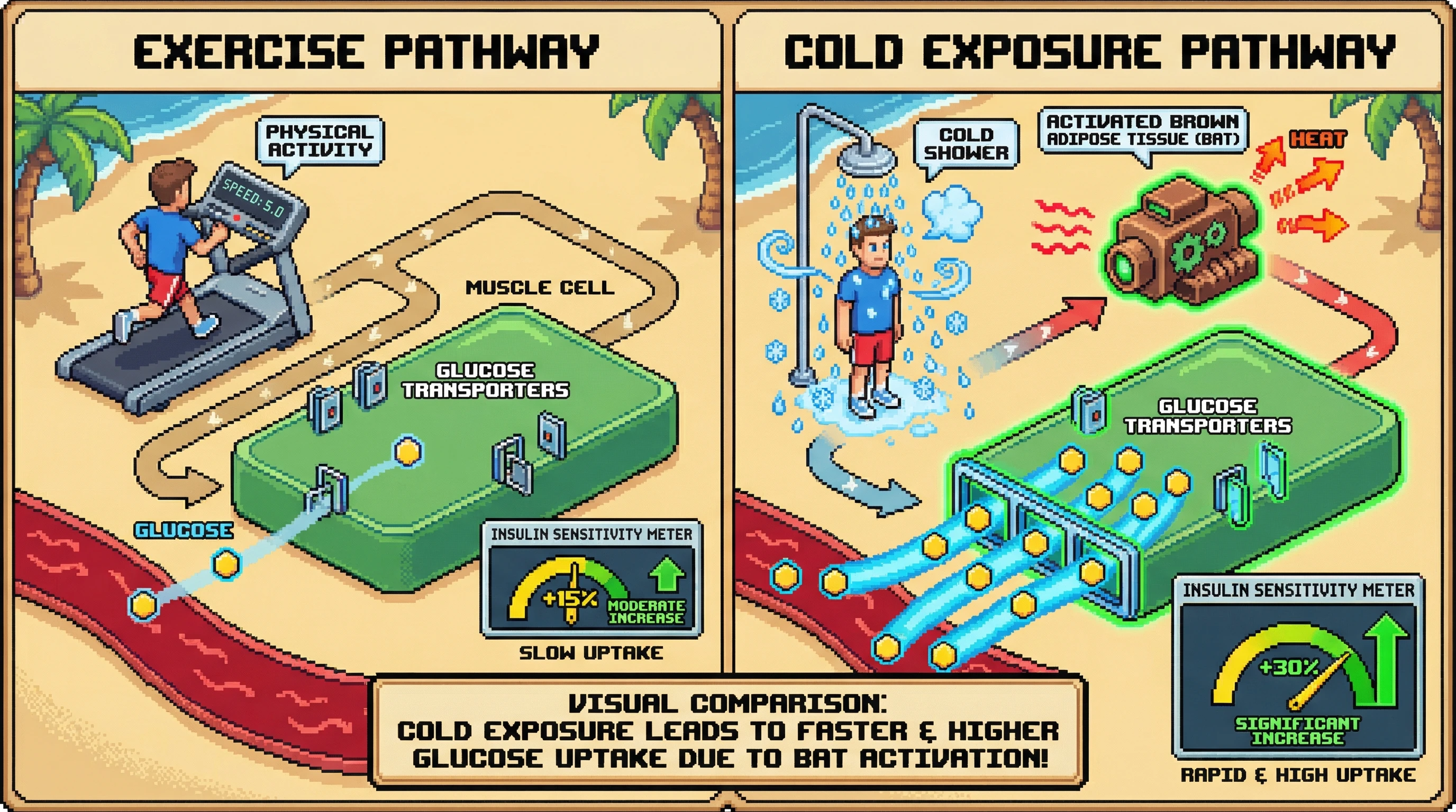 Mechanism: Timed cold exposure activates brown adipose tissue, leading to enhanced glucose uptake into muscle cells. Readout: Readout: Insulin sensitivity improves more rapidly and to a greater extent with cold exposure compared to moderate exercise alone.