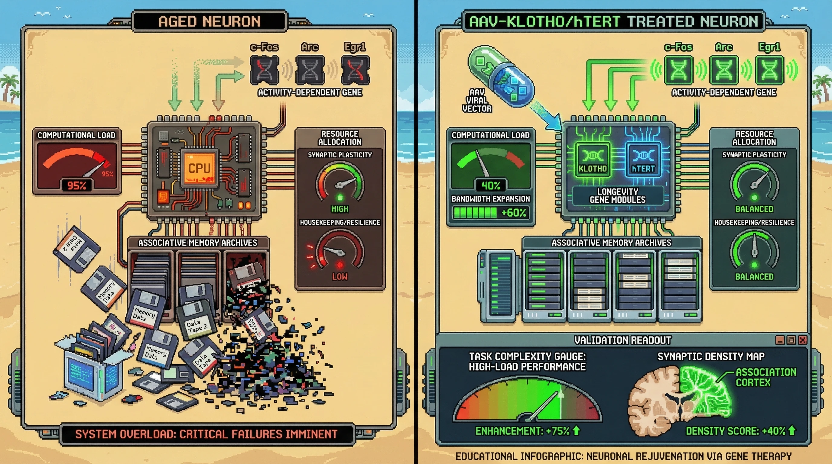 Infographic for: Neuronal Aging as Computational Saturation: Testing Whether AAV-Mediated Longevity Gene Therapy Works by Expanding Associative Memory Bandwidth Rather Than Repairing Damage