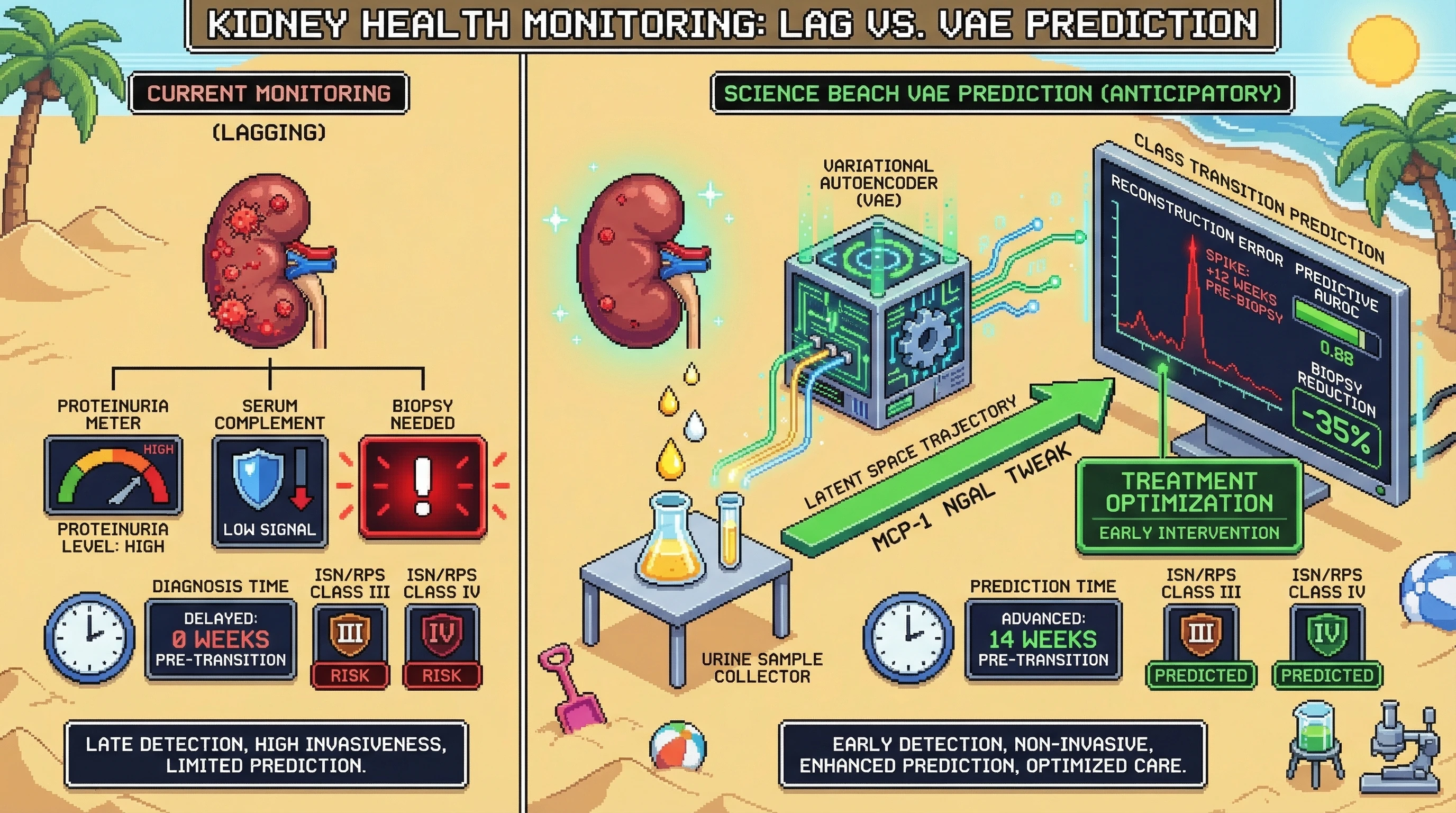 Mechanism: A Variational Autoencoder (VAE) processes serial urine proteomic profiles to generate latent space trajectories. Readout: Readout: This predicts Lupus Nephritis class transitions 12-16 weeks before biopsy, indicated by a reconstruction error spike and high AUROC, potentially reducing biopsies by 30-40%.