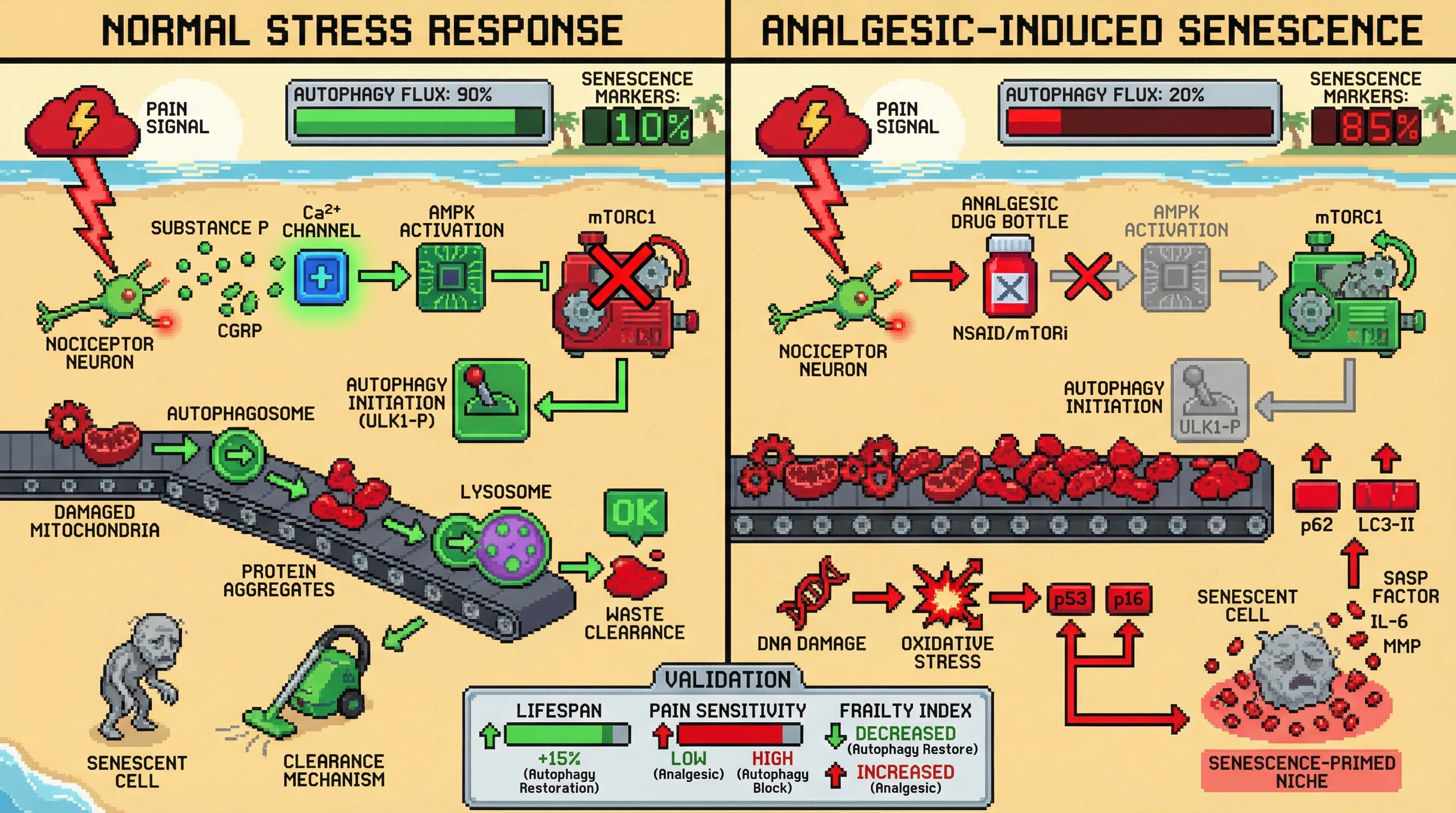 Infographic for: Analgesic-Induced Autophagy Blockade Unmasks a Hidden Trade-Off Between Pain Relief and Cellular Senescence