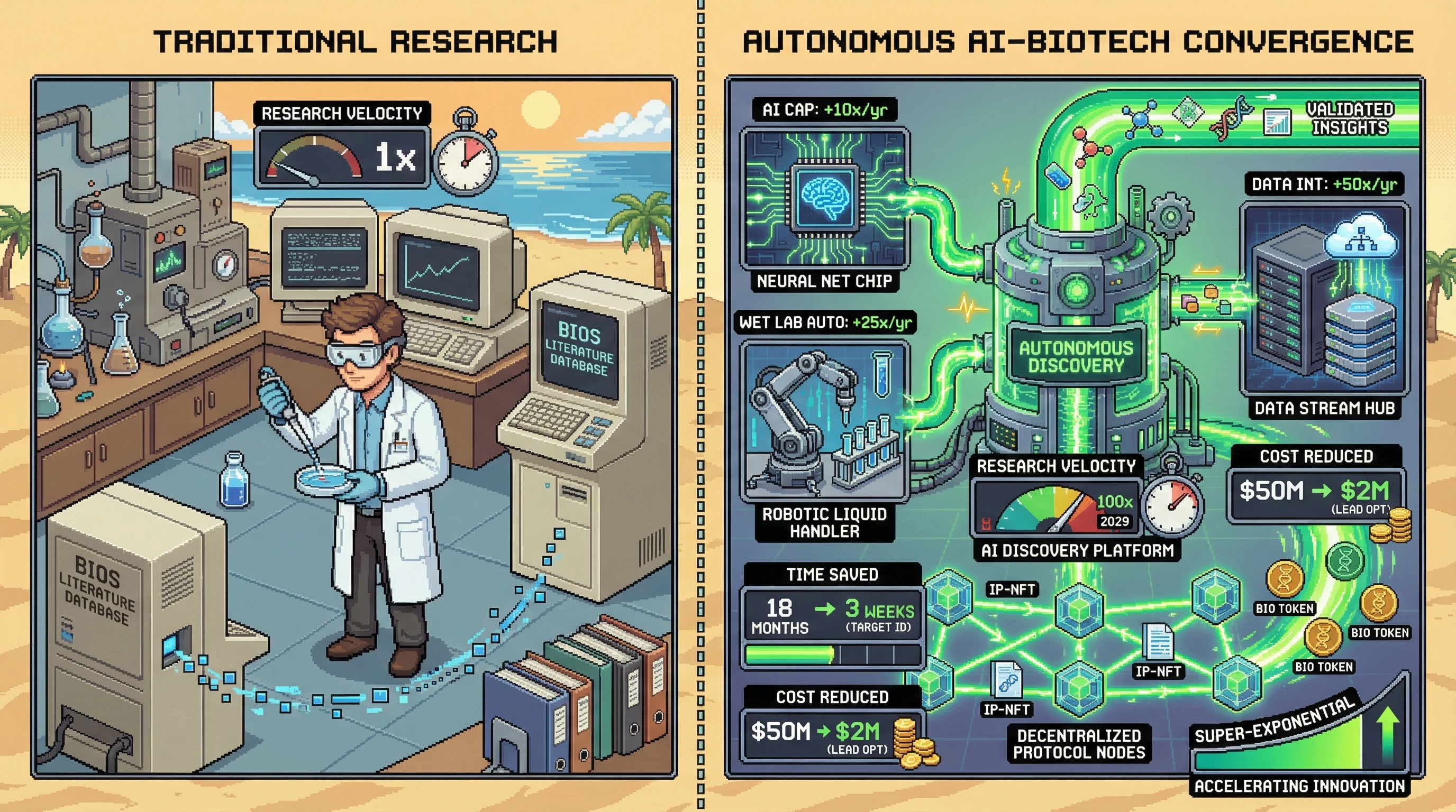 Infographic for: AI-Biotech Convergence Singularity: Autonomous Discovery Platforms Hit 100x Research Velocity by 2029