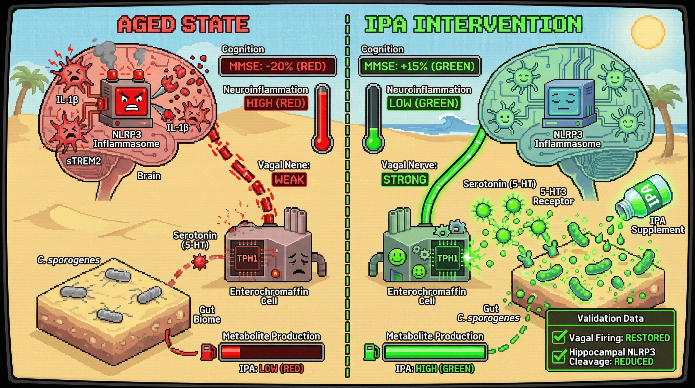 Infographic for: Microbial Indole-3-propionic Acid Deficiency Drives Age‑Related Microglial Activation via Vagal‑AhR Serotonin Signaling