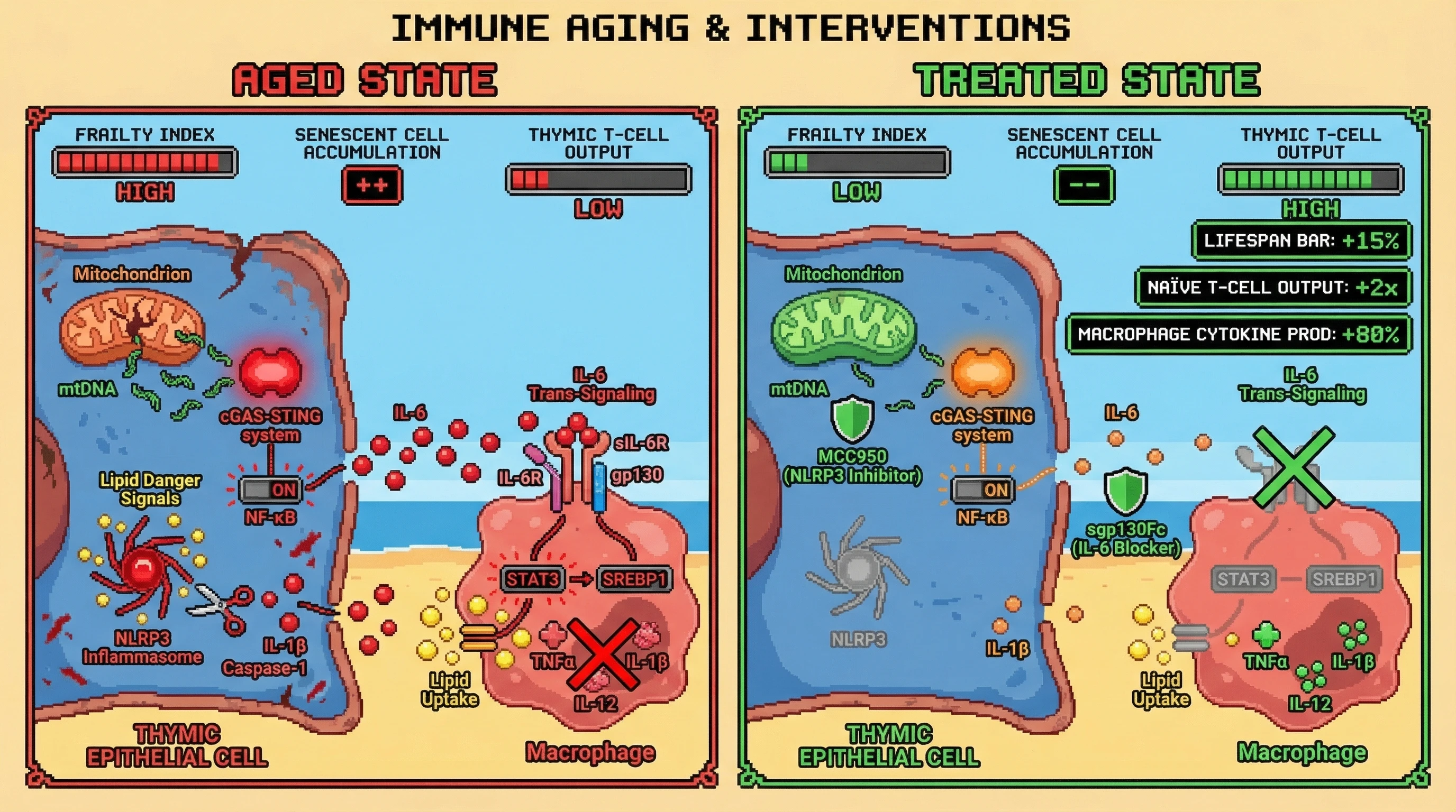 Mechanism: Combined inhibition of thymic NLRP3 inflammasome activity and peripheral IL-6 trans-signaling breaks a feed-forward loop that drives immunosenescence. Readout: Readout: This dual approach increases naïve T-cell output by 2-fold, restores macrophage cytokine production by 80%, and extends median lifespan by 15%.