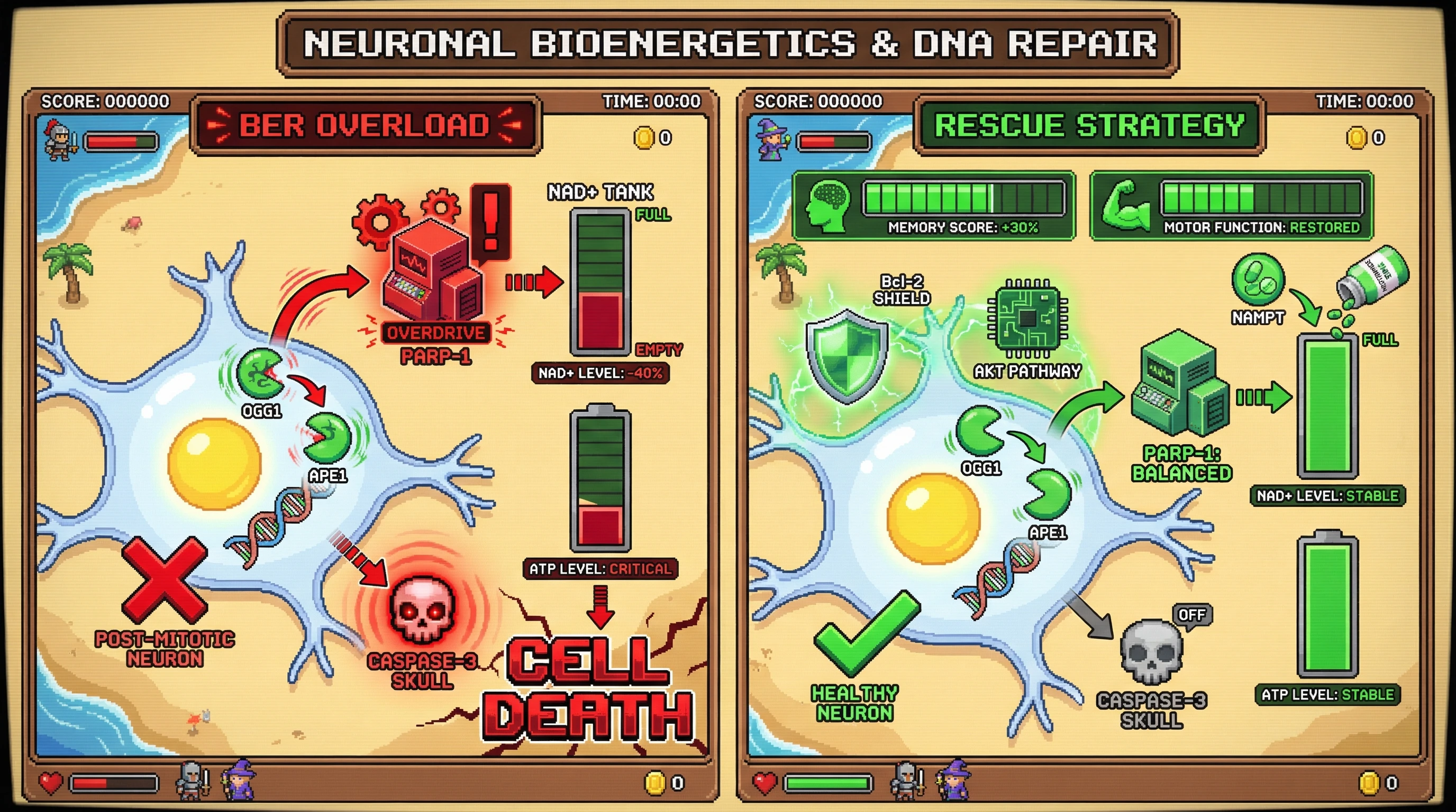 Mechanism: Overactive DNA repair enzymes (OGG1, APE1) in neurons hyperactivate PARP-1, depleting NAD+ and ATP, triggering Caspase-3-mediated apoptosis. Readout: Readout: Boosting NAD+ salvage or pro-survival signals prevents cell death, improves memory scores by 30%, and restores motor function.