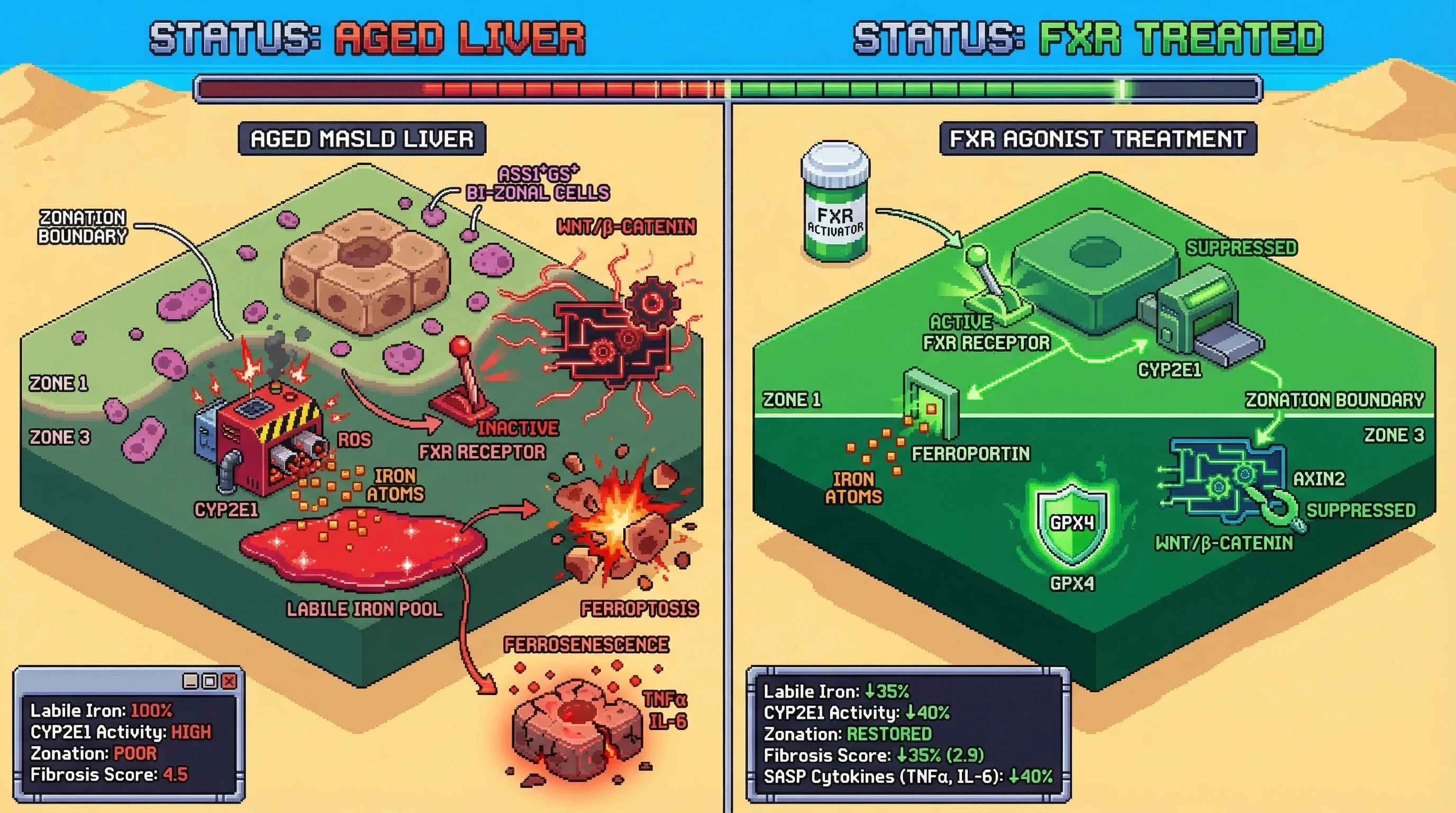 Infographic for: FXR agonism restores zonation and blocks ferroptosis‑driven senescence in aged MASLD livers by suppressing CYP2E1‑mediated iron overload and Wnt dysregulation