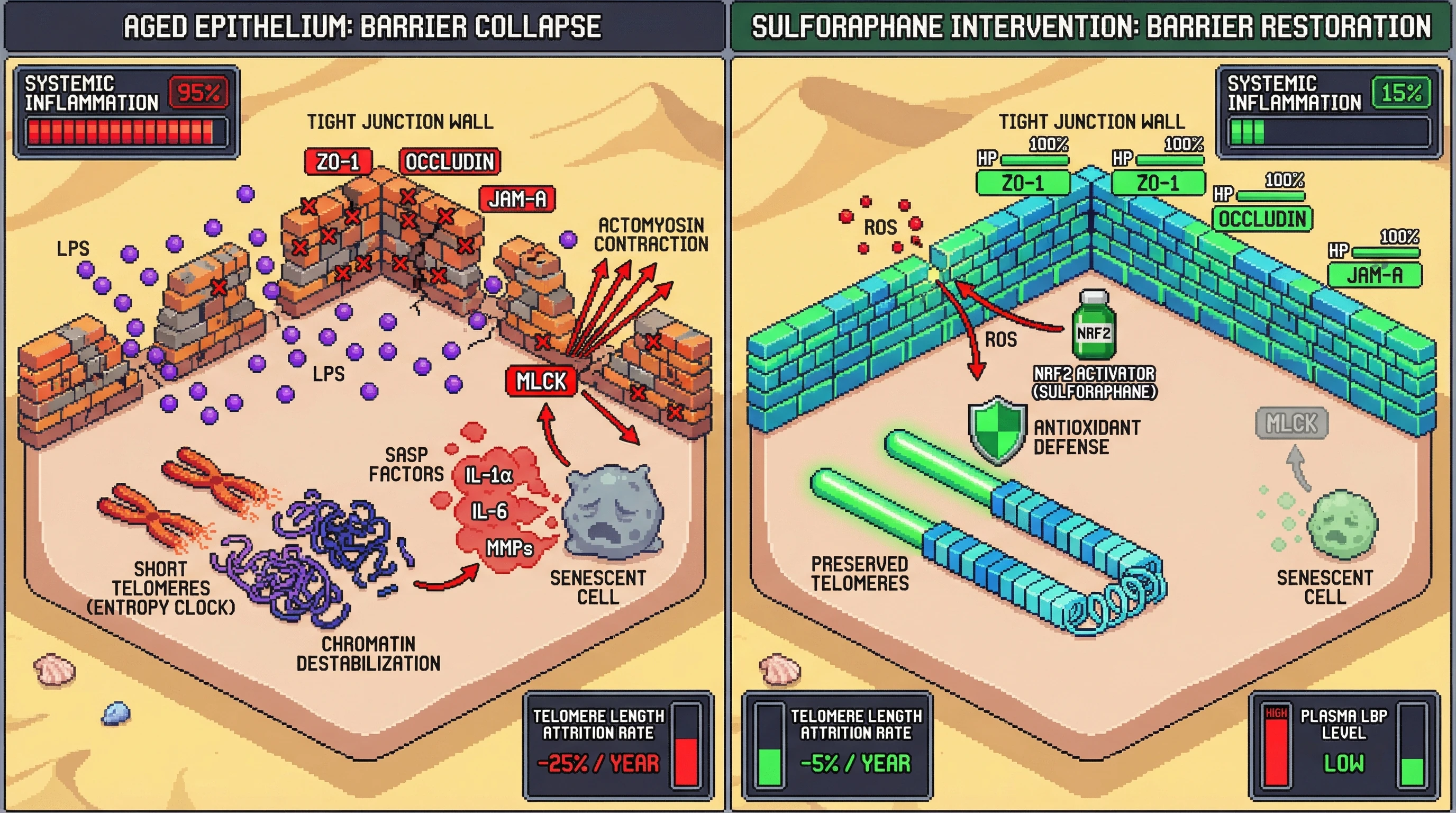 Mechanism: Short telomeres in colonic epithelium lead to chromatin destabilization and SASP, causing tight junction protein loss and gut barrier collapse, which drives systemic inflammaging. Readout: Readout: Sulforaphane intervention reduces telomere attrition rate, preserves tight junction integrity, and lowers systemic inflammation markers like LBP.