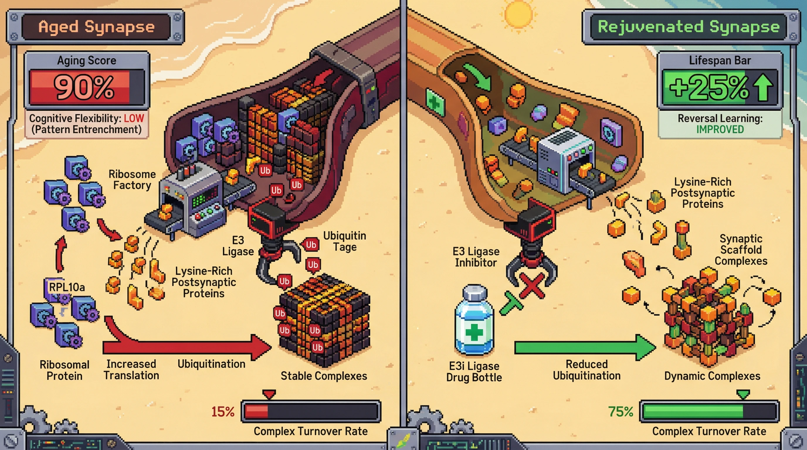 Infographic for: Over‑translation drives ubiquitin‑mediated synaptic stiffening in brain aging