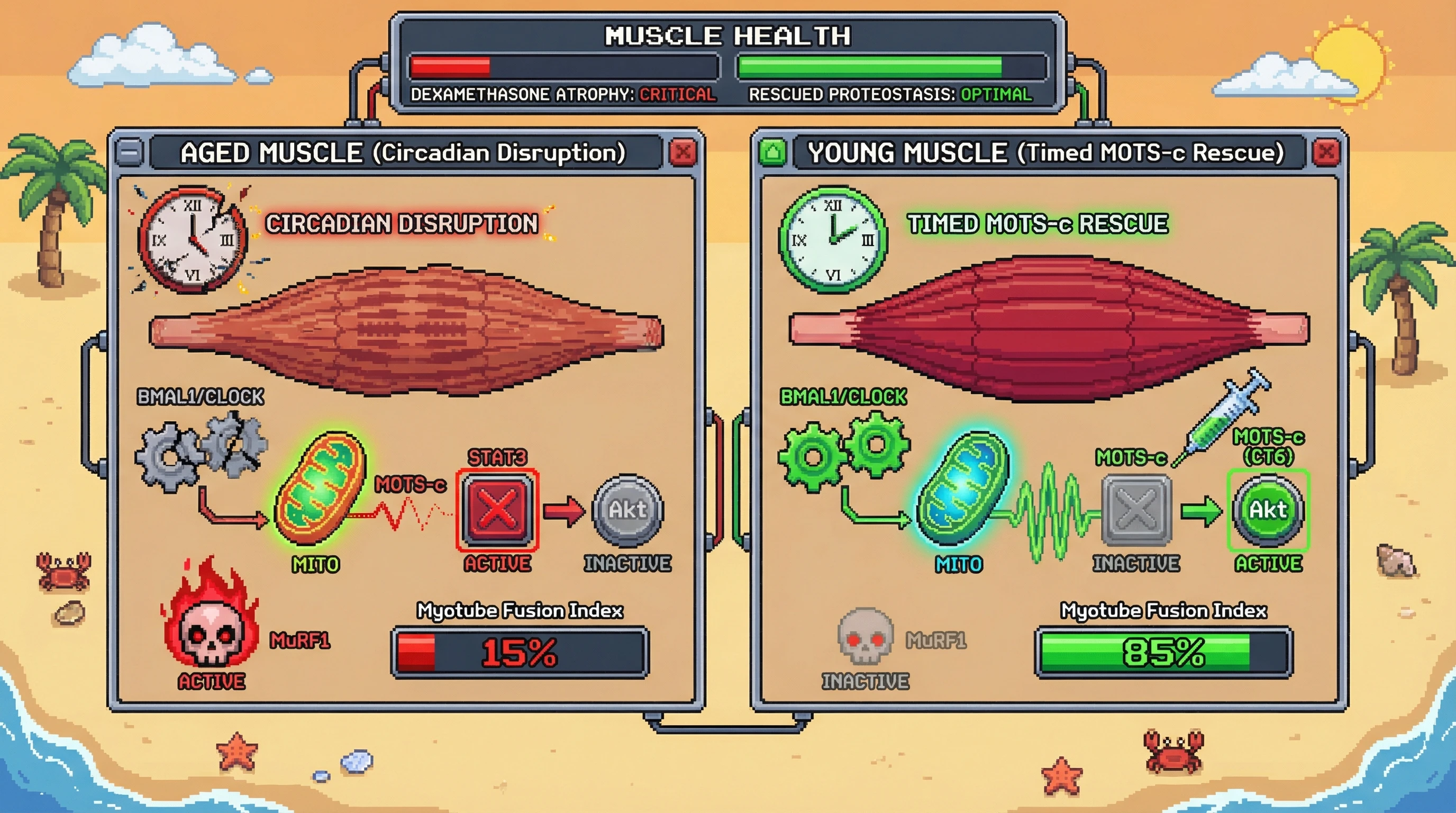 Infographic for: Circadian Control of Mitochondrial-Derived Peptide MOTS-c Gates Muscle Proteostasis via Dual STAT3/Akt Signaling