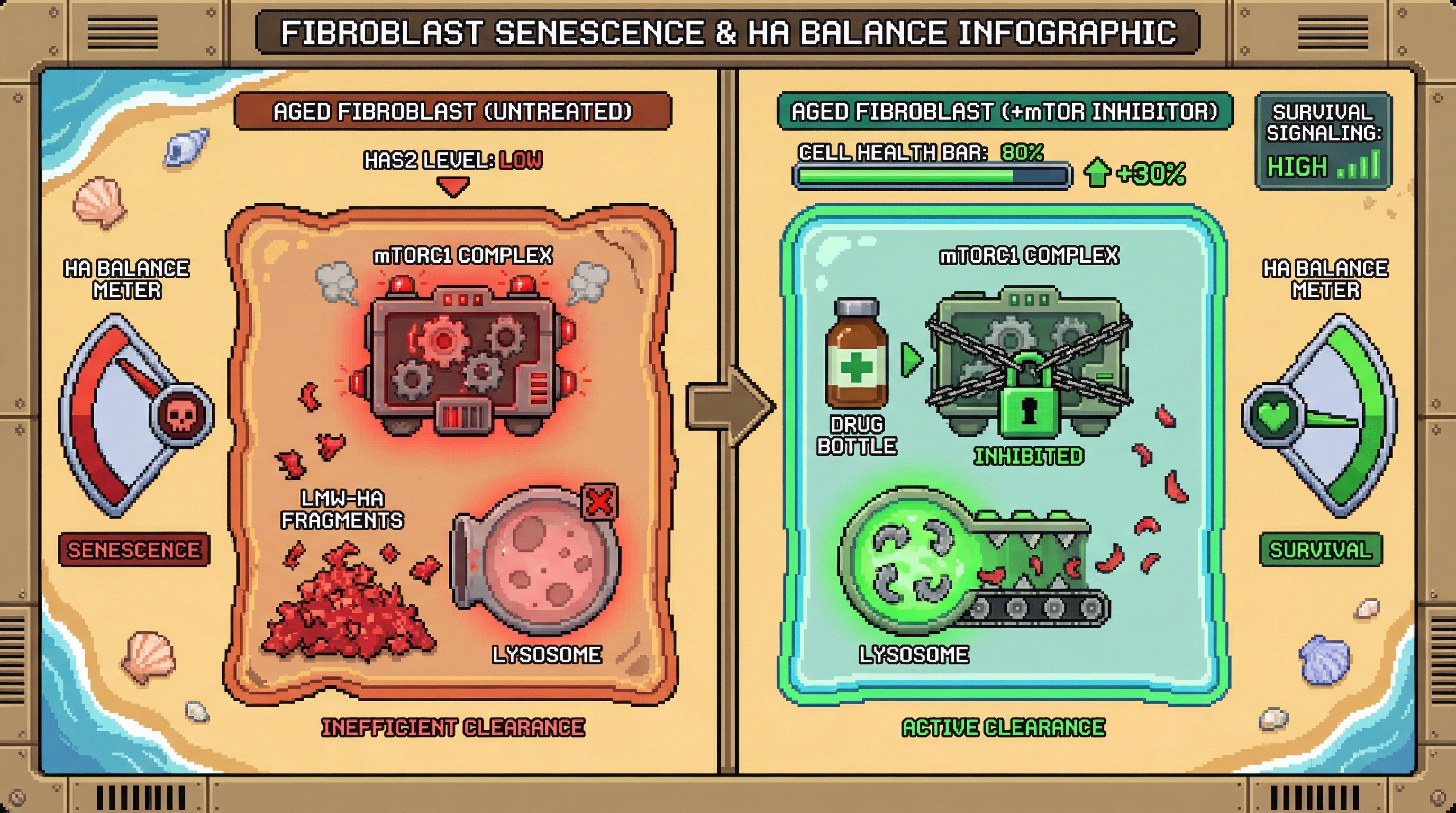 Infographic for: mTOR inhibition enhances lysosomal clearance of LMW‑HA fragments in aged, HAS2‑low fibroblasts, shifting the HA balance toward survival signaling