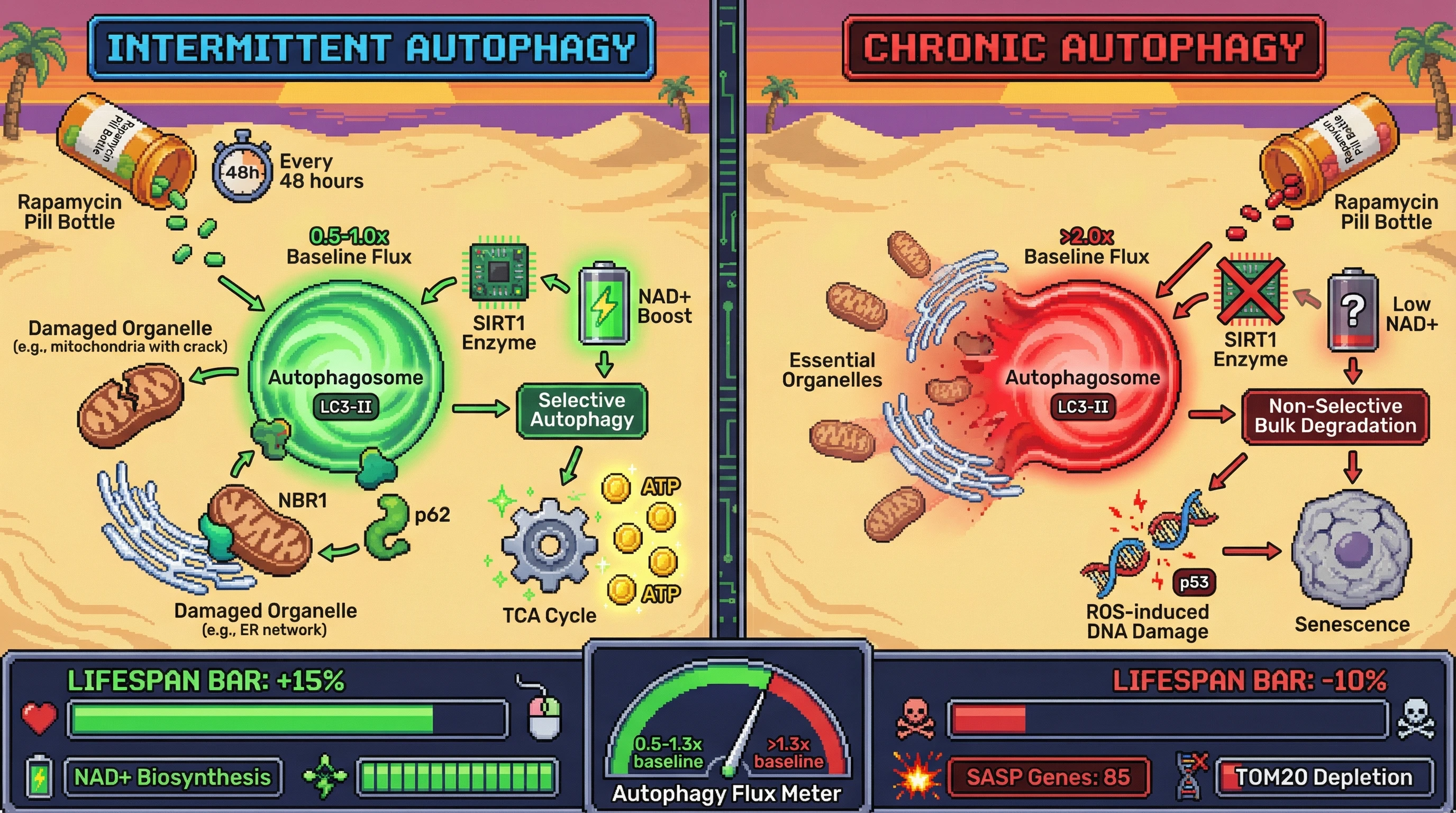 Mechanism: Intermittent autophagy (0.5-1.0x baseline) sustains cell function via NAD+-driven selective recycling, while chronic high flux (2.0x baseline) depletes organelles and induces senescence. Readout: Readout: Intermittent rapamycin increases median lifespan by 15% and boosts NAD+ biosynthesis, whereas continuous treatment shortens lifespan by 10% and elevates SASP markers.